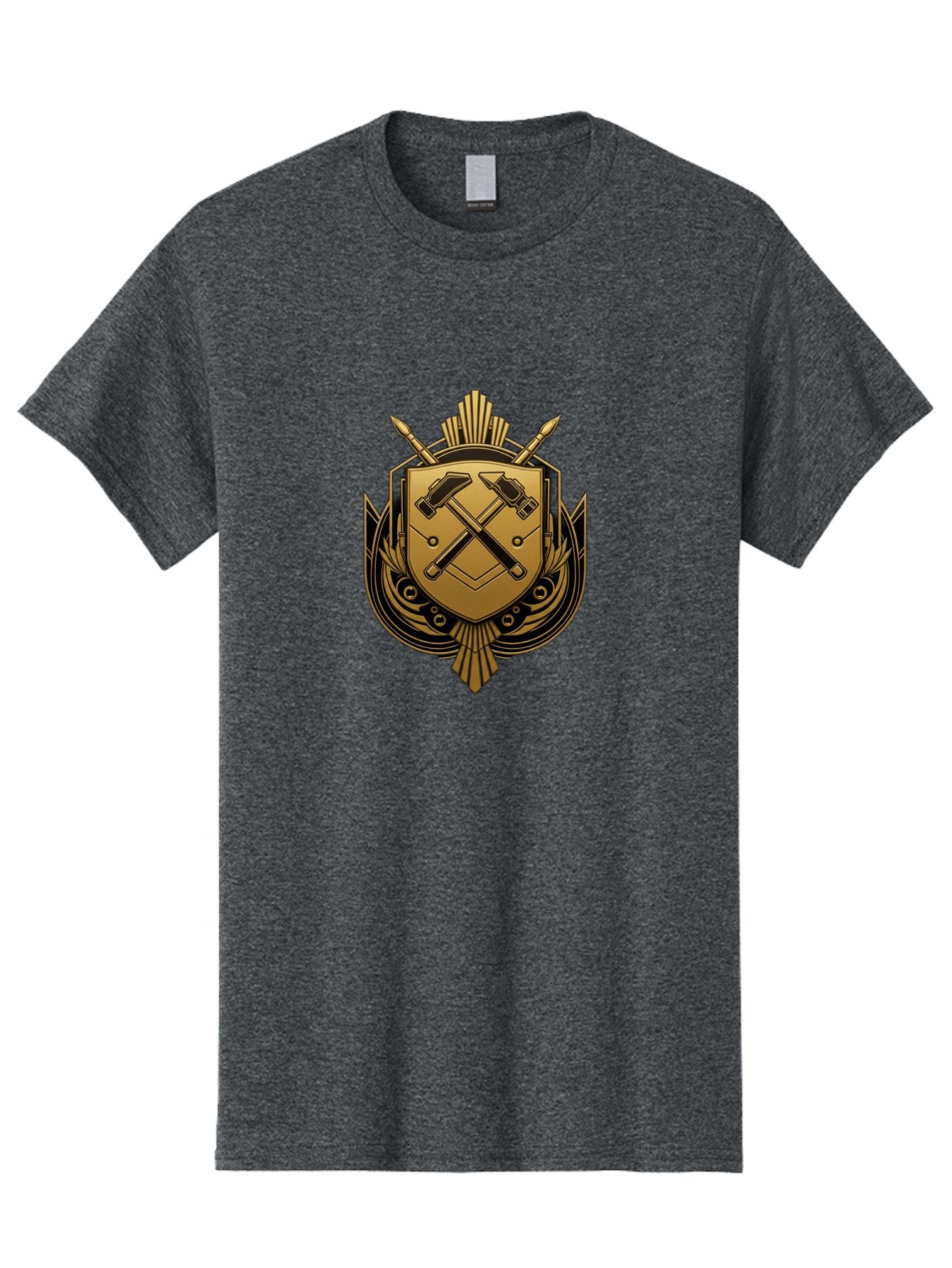 Gold-Shield-Crest Men'S Graphic Tee, 100% Cotton, Comfortable Casual Summer Wear, Machine Washable, Shield Emblem, Crossed Hammers, Carpentry Tools, Construction Industry, Craftsmanship, Black And Gold Design, Symbolic Crest, Bad156 7