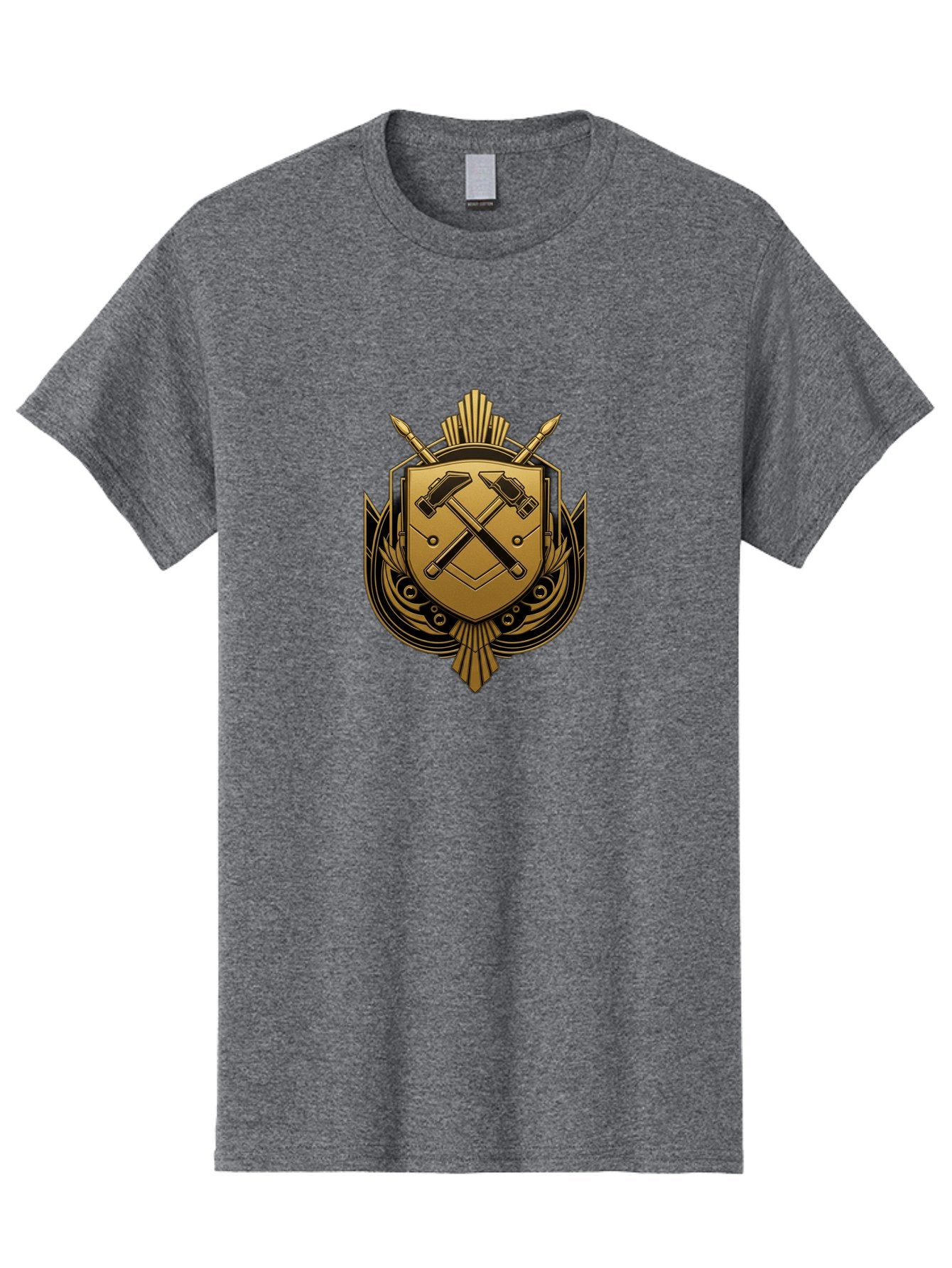 Gold-Shield-Crest Men'S Graphic Tee, 100% Cotton, Comfortable Casual Summer Wear, Machine Washable, Shield Emblem, Crossed Hammers, Carpentry Tools, Construction Industry, Craftsmanship, Black And Gold Design, Symbolic Crest, Bad156 15