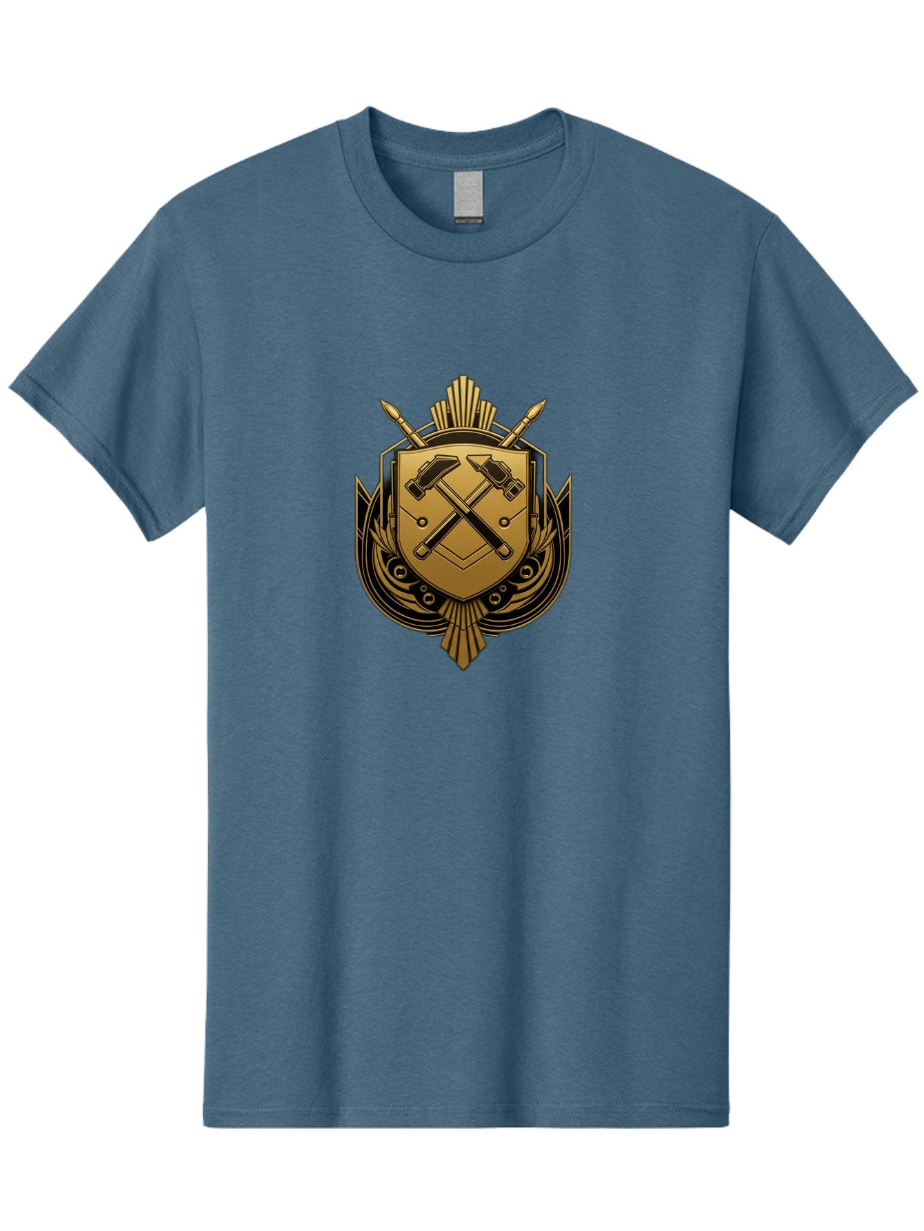 Gold-Shield-Crest Men'S Graphic Tee, 100% Cotton, Comfortable Casual Summer Wear, Machine Washable, Shield Emblem, Crossed Hammers, Carpentry Tools, Construction Industry, Craftsmanship, Black And Gold Design, Symbolic Crest, Bad156
