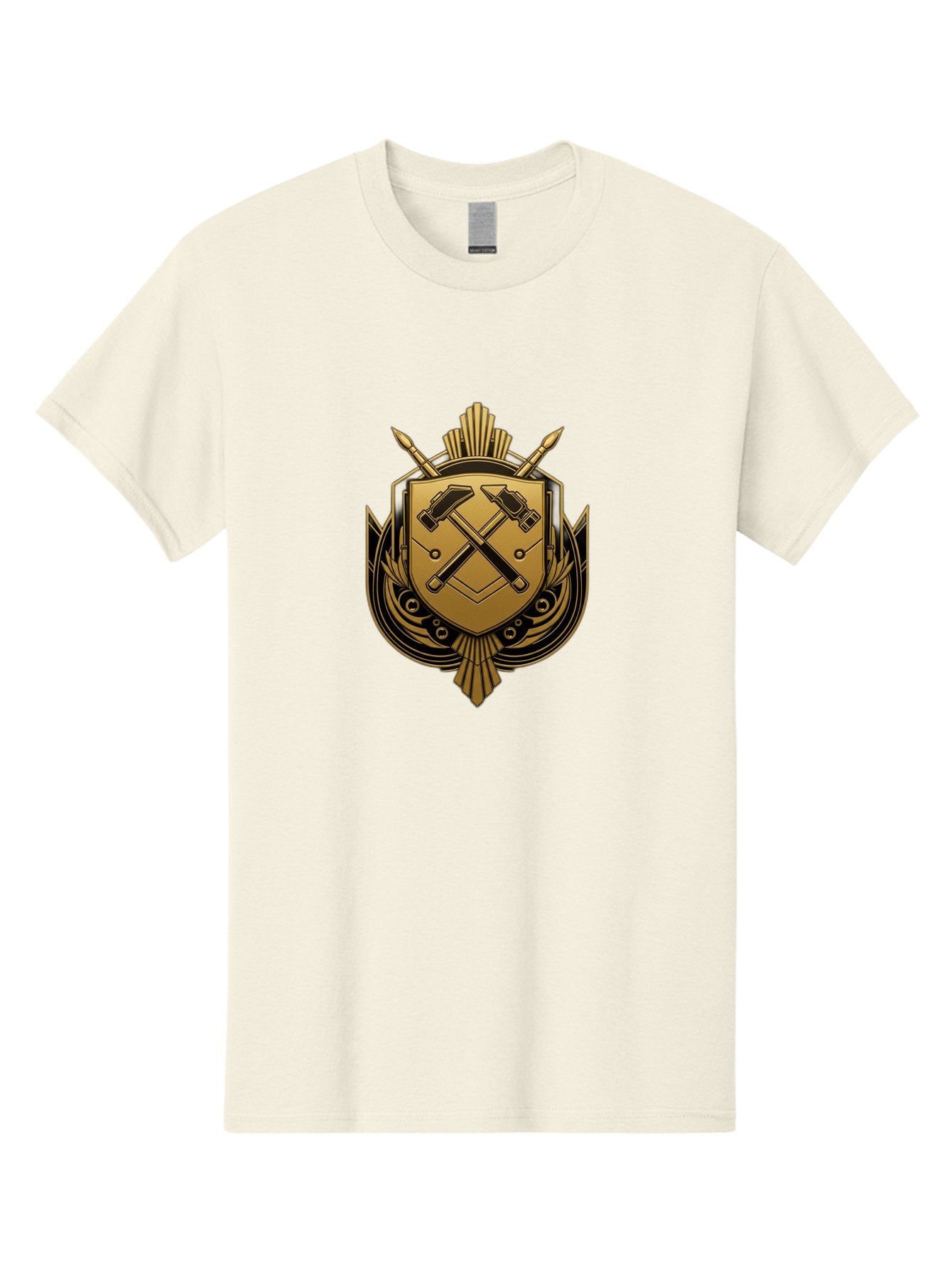 Gold-Shield-Crest Men'S Graphic Tee, 100% Cotton, Comfortable Casual Summer Wear, Machine Washable, Shield Emblem, Crossed Hammers, Carpentry Tools, Construction Industry, Craftsmanship, Black And Gold Design, Symbolic Crest, Bad156 10