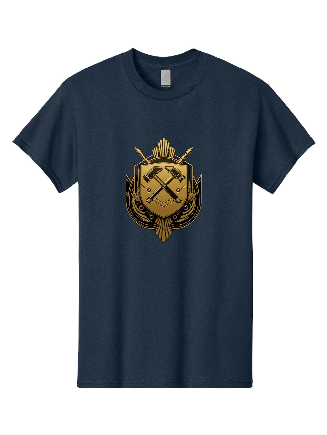 Gold-Shield-Crest Men'S Graphic Tee, 100% Cotton, Comfortable Casual Summer Wear, Machine Washable, Shield Emblem, Crossed Hammers, Carpentry Tools, Construction Industry, Craftsmanship, Black And Gold Design, Symbolic Crest, Bad156 5