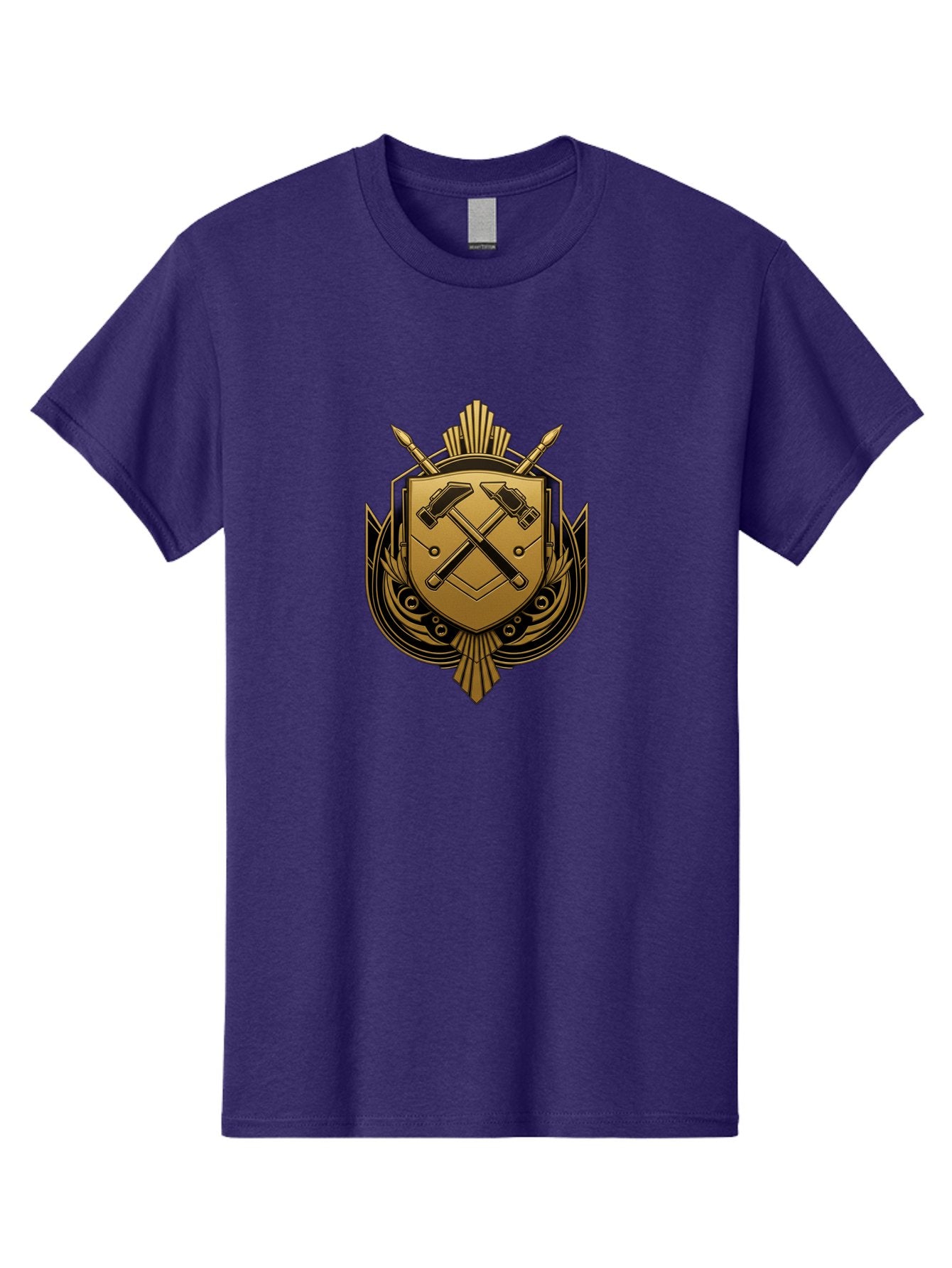 Gold-Shield-Crest Men'S Graphic Tee, 100% Cotton, Comfortable Casual Summer Wear, Machine Washable, Shield Emblem, Crossed Hammers, Carpentry Tools, Construction Industry, Craftsmanship, Black And Gold Design, Symbolic Crest, Bad156 13