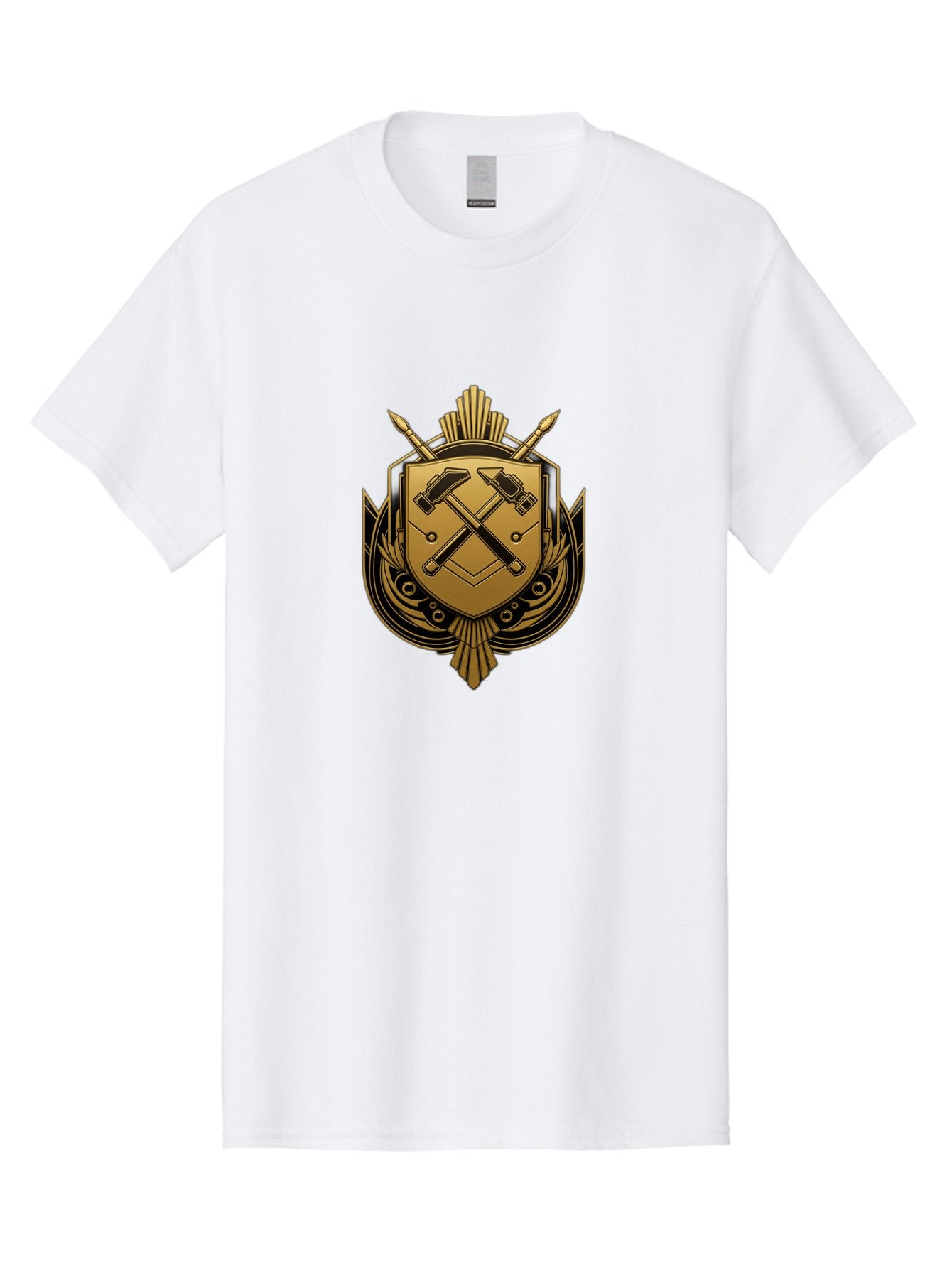 Gold-Shield-Crest Men'S Graphic Tee, 100% Cotton, Comfortable Casual Summer Wear, Machine Washable, Shield Emblem, Crossed Hammers, Carpentry Tools, Construction Industry, Craftsmanship, Black And Gold Design, Symbolic Crest, Bad156 11