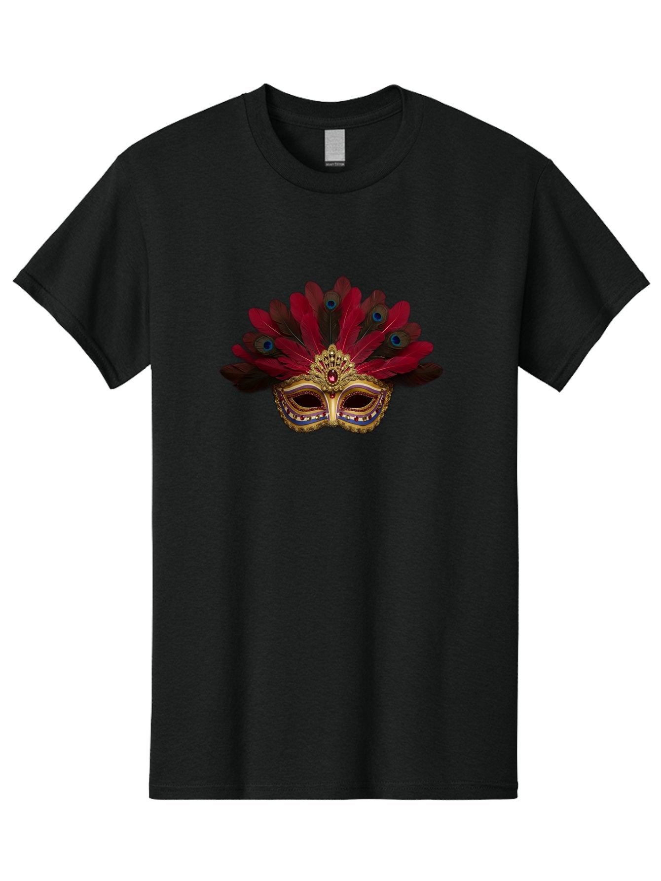 Gold-Venetian-Mask Men'S Graphic Tee, 100% Cotton, Comfortable Casual Summer Wear, Machine Washable, Venetian Mask, Gold Masquerade, Red Feathers, Peacock Feathers, Mardi Gras, Carnival, Jewels, Gems, Luxury, Elegance, Sophisticated, Bad157 5