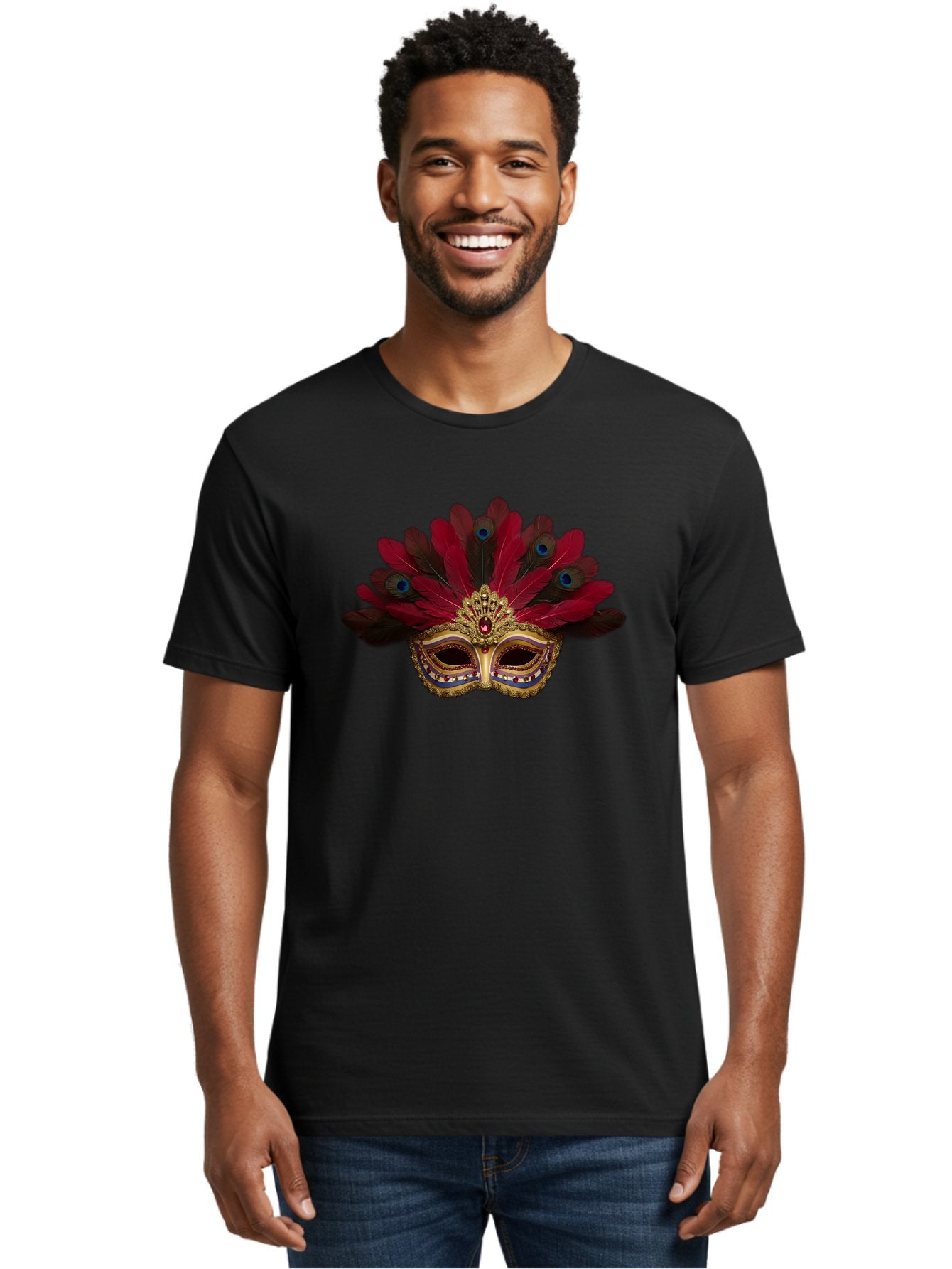 Gold-Venetian-Mask Men'S Graphic Tee, 100% Cotton, Comfortable Casual Summer Wear, Machine Washable, Venetian Mask, Gold Masquerade, Red Feathers, Peacock Feathers, Mardi Gras, Carnival, Jewels, Gems, Luxury, Elegance, Sophisticated, Bad157 23