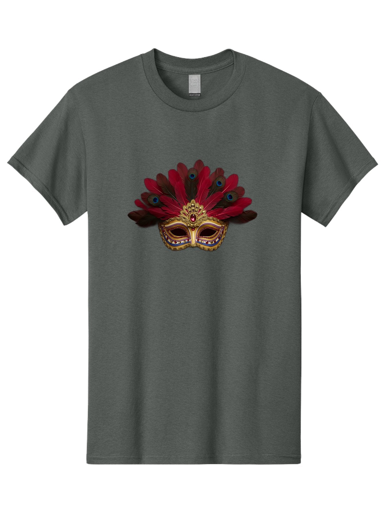 Gold-Venetian-Mask Men'S Graphic Tee, 100% Cotton, Comfortable Casual Summer Wear, Machine Washable, Venetian Mask, Gold Masquerade, Red Feathers, Peacock Feathers, Mardi Gras, Carnival, Jewels, Gems, Luxury, Elegance, Sophisticated, Bad157 11