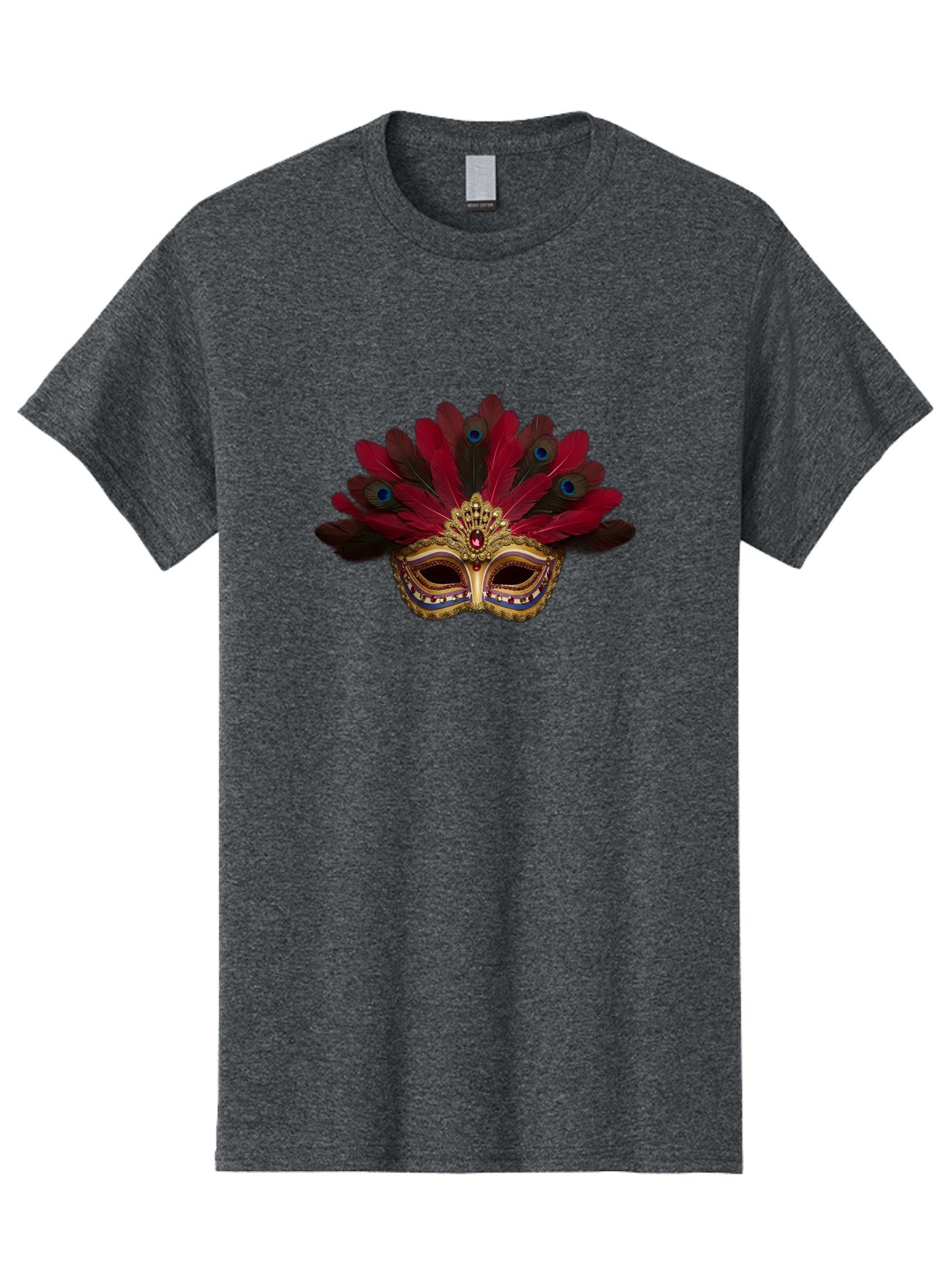 Gold-Venetian-Mask Men'S Graphic Tee, 100% Cotton, Comfortable Casual Summer Wear, Machine Washable, Venetian Mask, Gold Masquerade, Red Feathers, Peacock Feathers, Mardi Gras, Carnival, Jewels, Gems, Luxury, Elegance, Sophisticated, Bad157 9