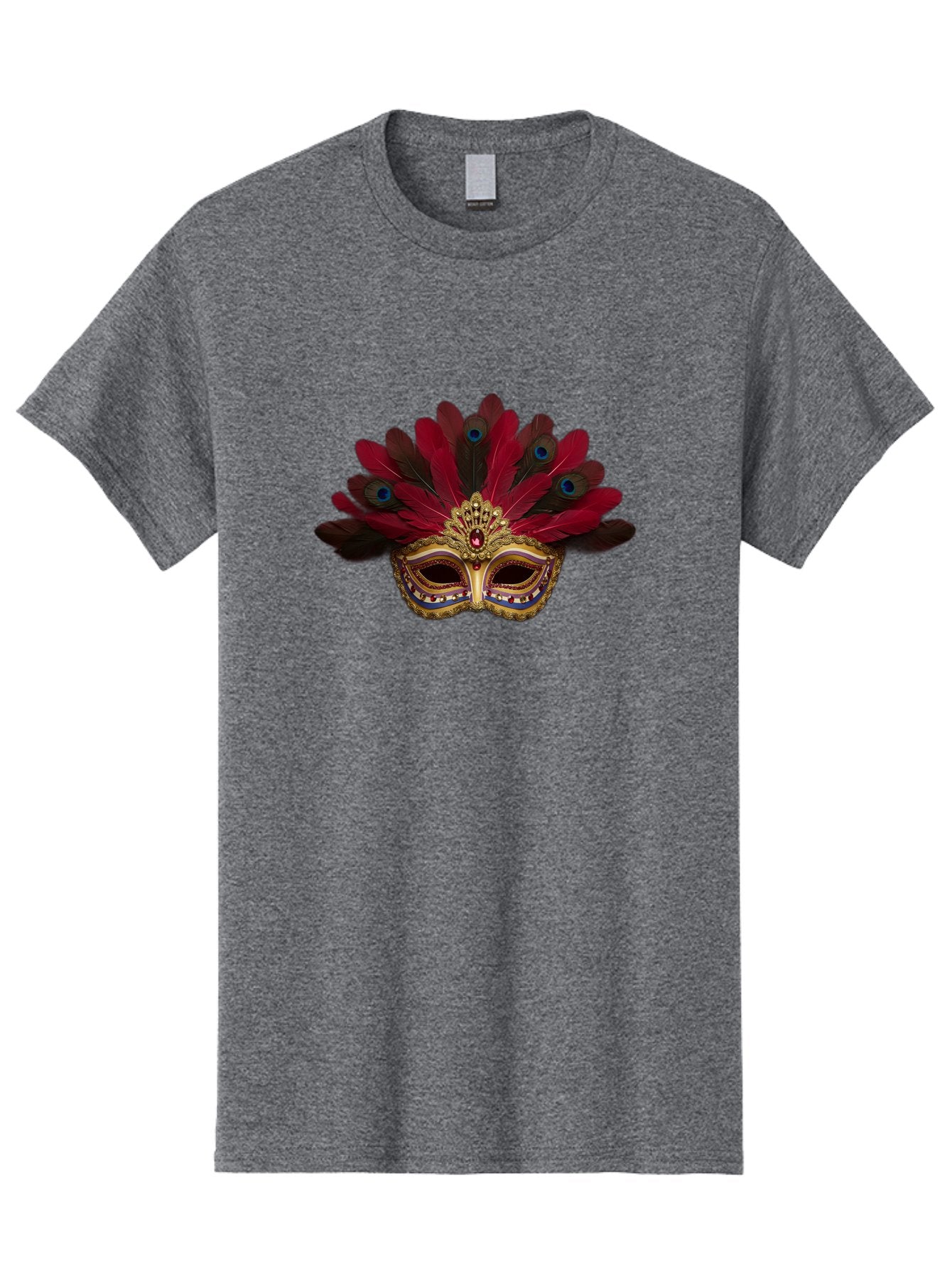 Gold-Venetian-Mask Men'S Graphic Tee, 100% Cotton, Comfortable Casual Summer Wear, Machine Washable, Venetian Mask, Gold Masquerade, Red Feathers, Peacock Feathers, Mardi Gras, Carnival, Jewels, Gems, Luxury, Elegance, Sophisticated, Bad157