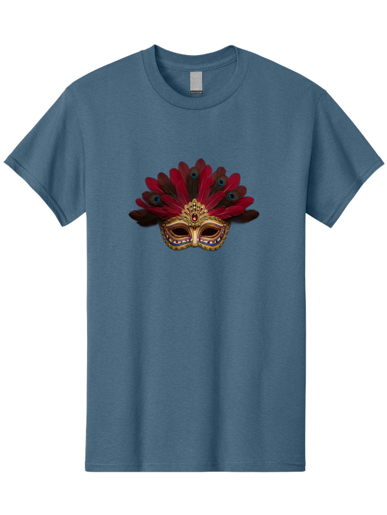 Gold-Venetian-Mask Men'S Graphic Tee, 100% Cotton, Comfortable Casual Summer Wear, Machine Washable, Venetian Mask, Gold Masquerade, Red Feathers, Peacock Feathers, Mardi Gras, Carnival, Jewels, Gems, Luxury, Elegance, Sophisticated, Bad157