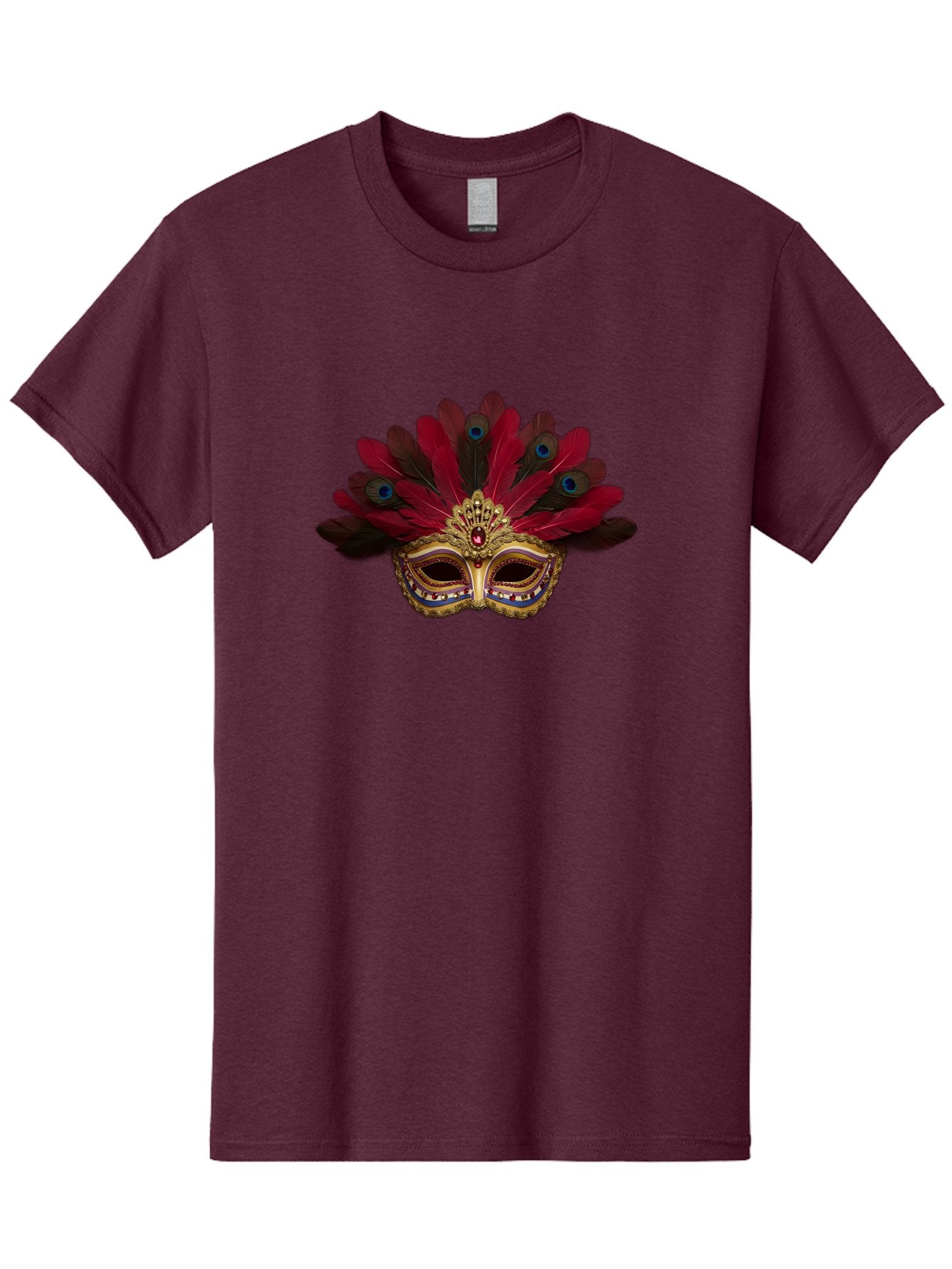 Gold-Venetian-Mask Men'S Graphic Tee, 100% Cotton, Comfortable Casual Summer Wear, Machine Washable, Venetian Mask, Gold Masquerade, Red Feathers, Peacock Feathers, Mardi Gras, Carnival, Jewels, Gems, Luxury, Elegance, Sophisticated, Bad157 10