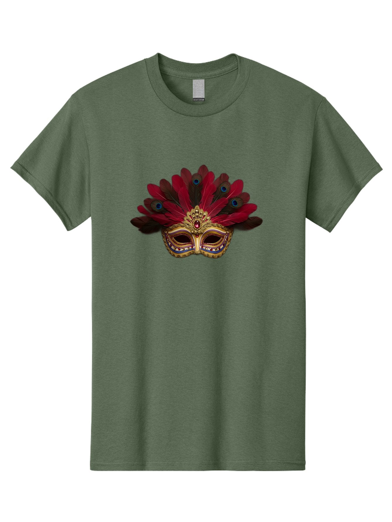 Gold-Venetian-Mask Men'S Graphic Tee, 100% Cotton, Comfortable Casual Summer Wear, Machine Washable, Venetian Mask, Gold Masquerade, Red Feathers, Peacock Feathers, Mardi Gras, Carnival, Jewels, Gems, Luxury, Elegance, Sophisticated, Bad157 13
