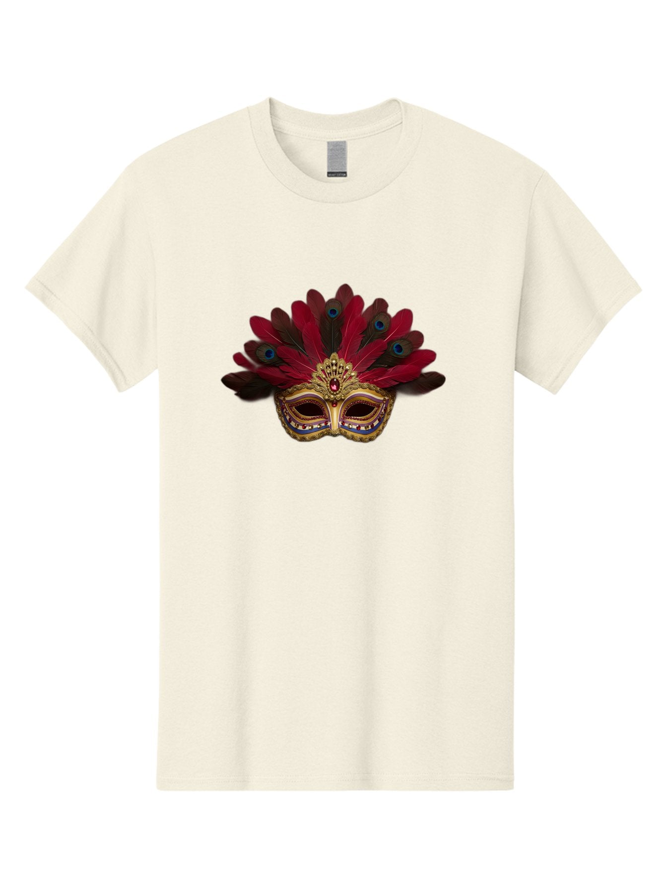Gold-Venetian-Mask Men'S Graphic Tee, 100% Cotton, Comfortable Casual Summer Wear, Machine Washable, Venetian Mask, Gold Masquerade, Red Feathers, Peacock Feathers, Mardi Gras, Carnival, Jewels, Gems, Luxury, Elegance, Sophisticated, Bad157 12