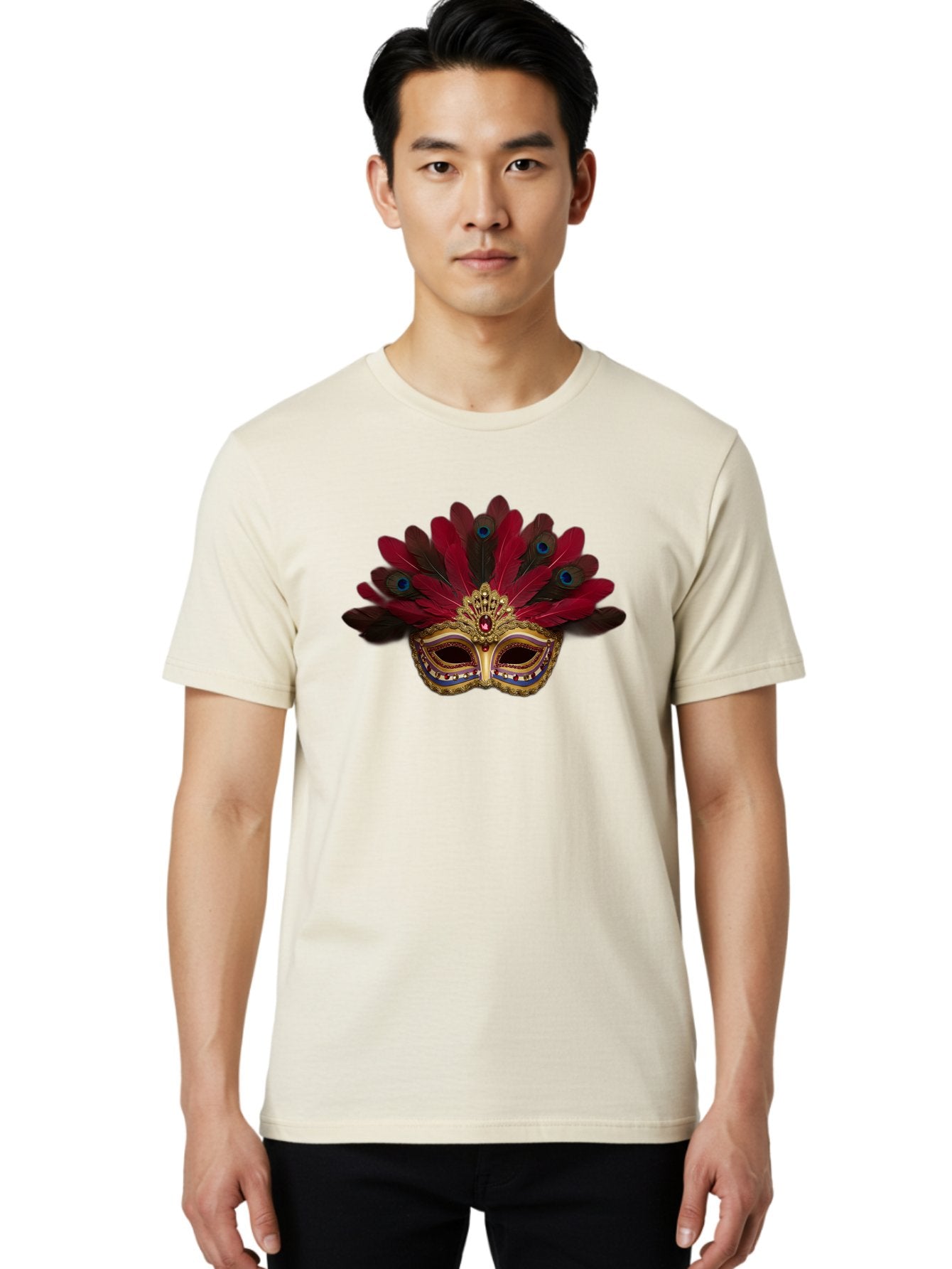 Gold-Venetian-Mask Men'S Graphic Tee, 100% Cotton, Comfortable Casual Summer Wear, Machine Washable, Venetian Mask, Gold Masquerade, Red Feathers, Peacock Feathers, Mardi Gras, Carnival, Jewels, Gems, Luxury, Elegance, Sophisticated, Bad157 28