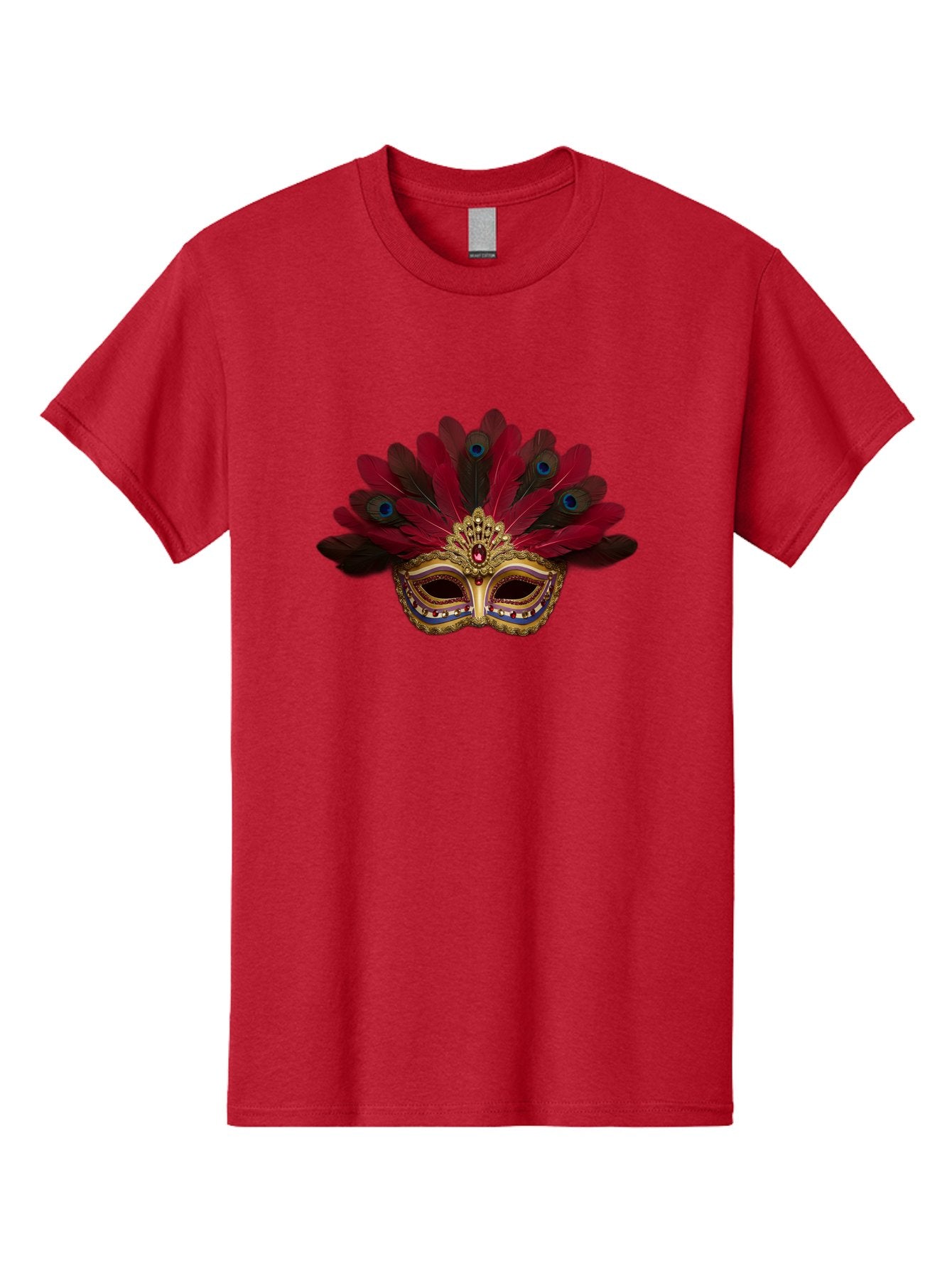 Gold-Venetian-Mask Men'S Graphic Tee, 100% Cotton, Comfortable Casual Summer Wear, Machine Washable, Venetian Mask, Gold Masquerade, Red Feathers, Peacock Feathers, Mardi Gras, Carnival, Jewels, Gems, Luxury, Elegance, Sophisticated, Bad157 4
