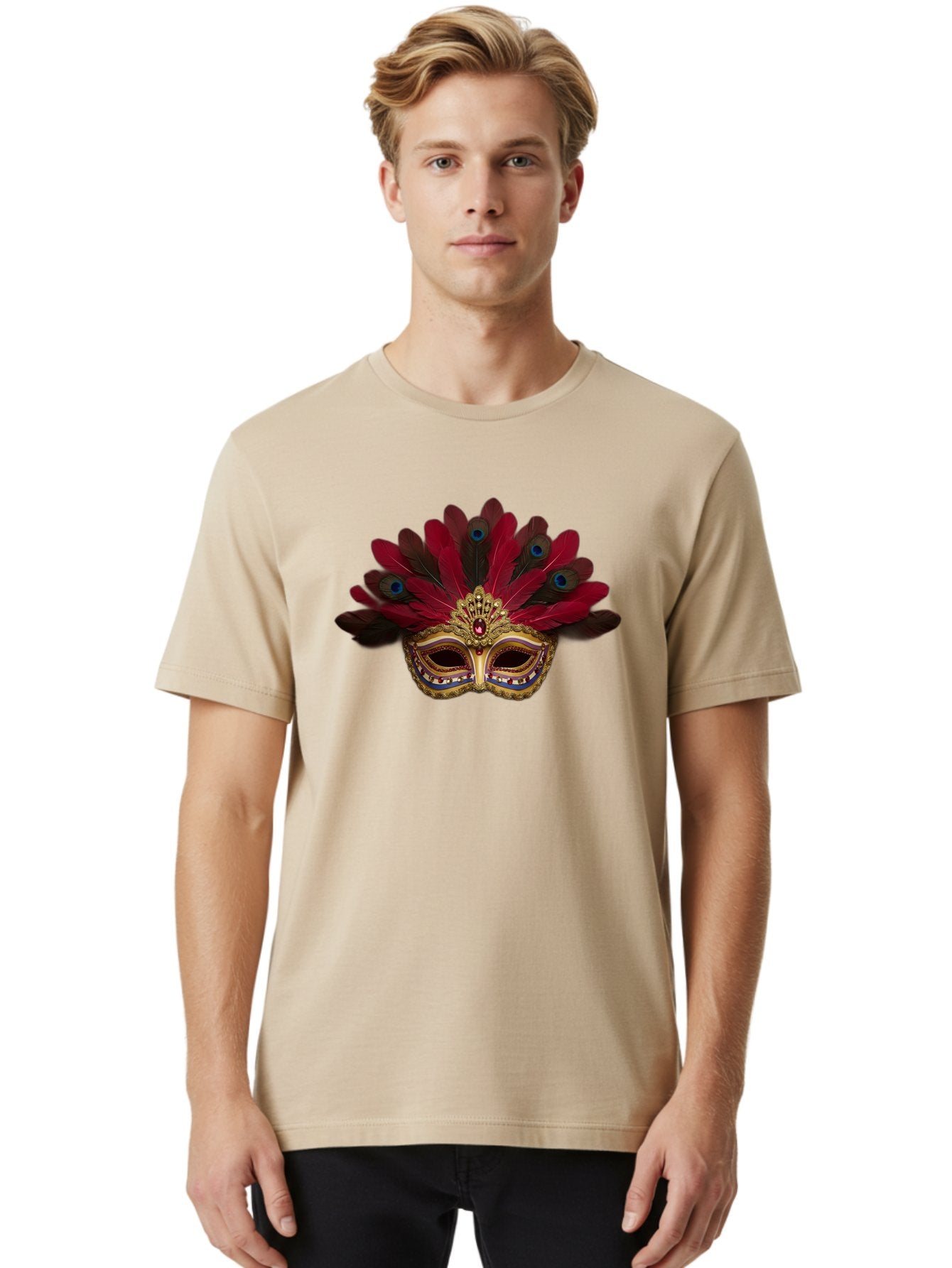 Gold-Venetian-Mask Men'S Graphic Tee, 100% Cotton, Comfortable Casual Summer Wear, Machine Washable, Venetian Mask, Gold Masquerade, Red Feathers, Peacock Feathers, Mardi Gras, Carnival, Jewels, Gems, Luxury, Elegance, Sophisticated, Bad157 24