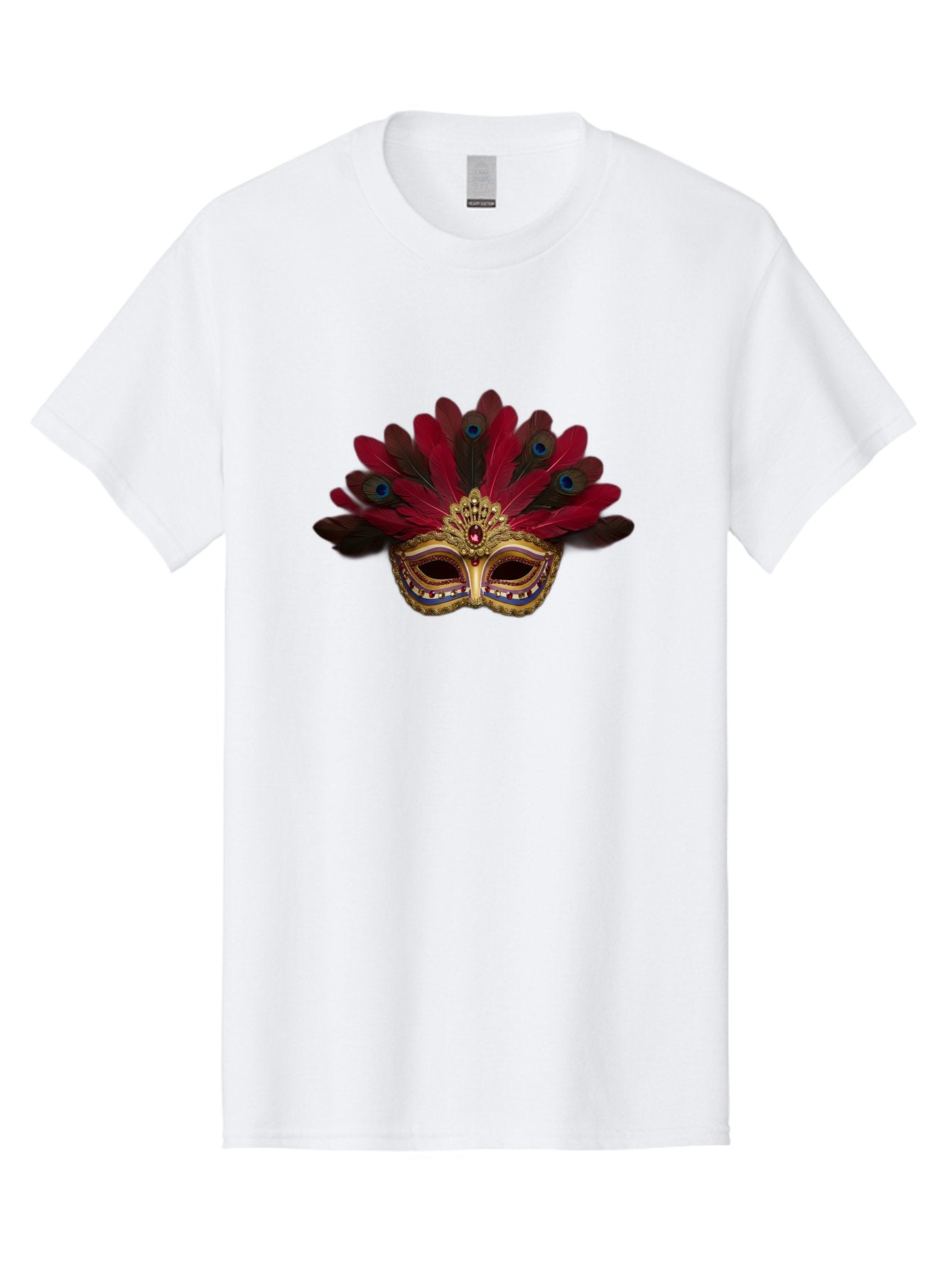 Gold-Venetian-Mask Men'S Graphic Tee, 100% Cotton, Comfortable Casual Summer Wear, Machine Washable, Venetian Mask, Gold Masquerade, Red Feathers, Peacock Feathers, Mardi Gras, Carnival, Jewels, Gems, Luxury, Elegance, Sophisticated, Bad157 8