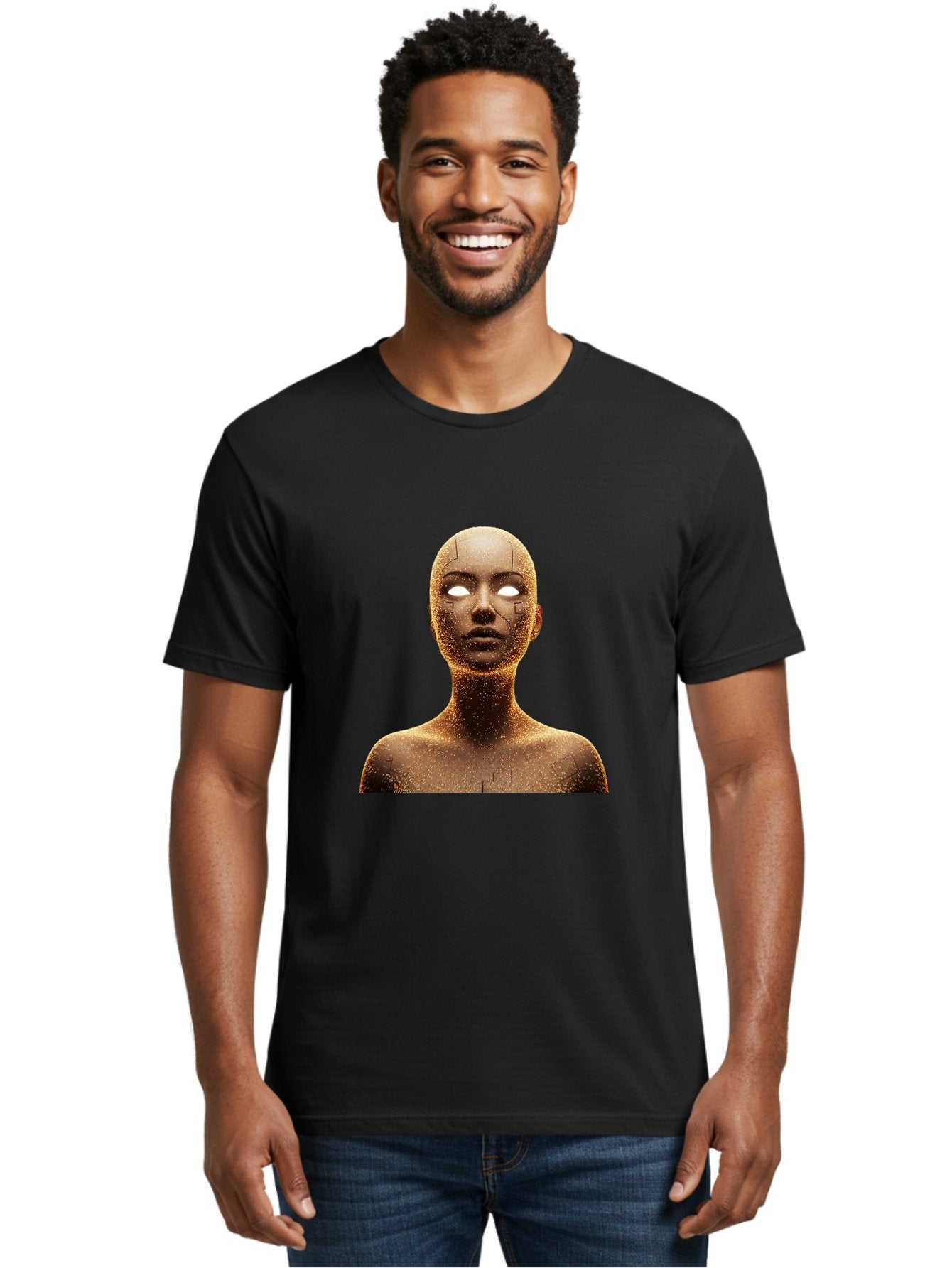 Golden-Mannequin Men'S Graphic Tee, 100% Cotton, Comfortable Casual Summer Wear, Machine Washable, Cracked Mannequin, Glowing Eyes, Brown Dusty Texture, Robotic Face, Futuristic Design, Modern Art, Surreal Atmosphere, Abstract Portrait Bad158 30