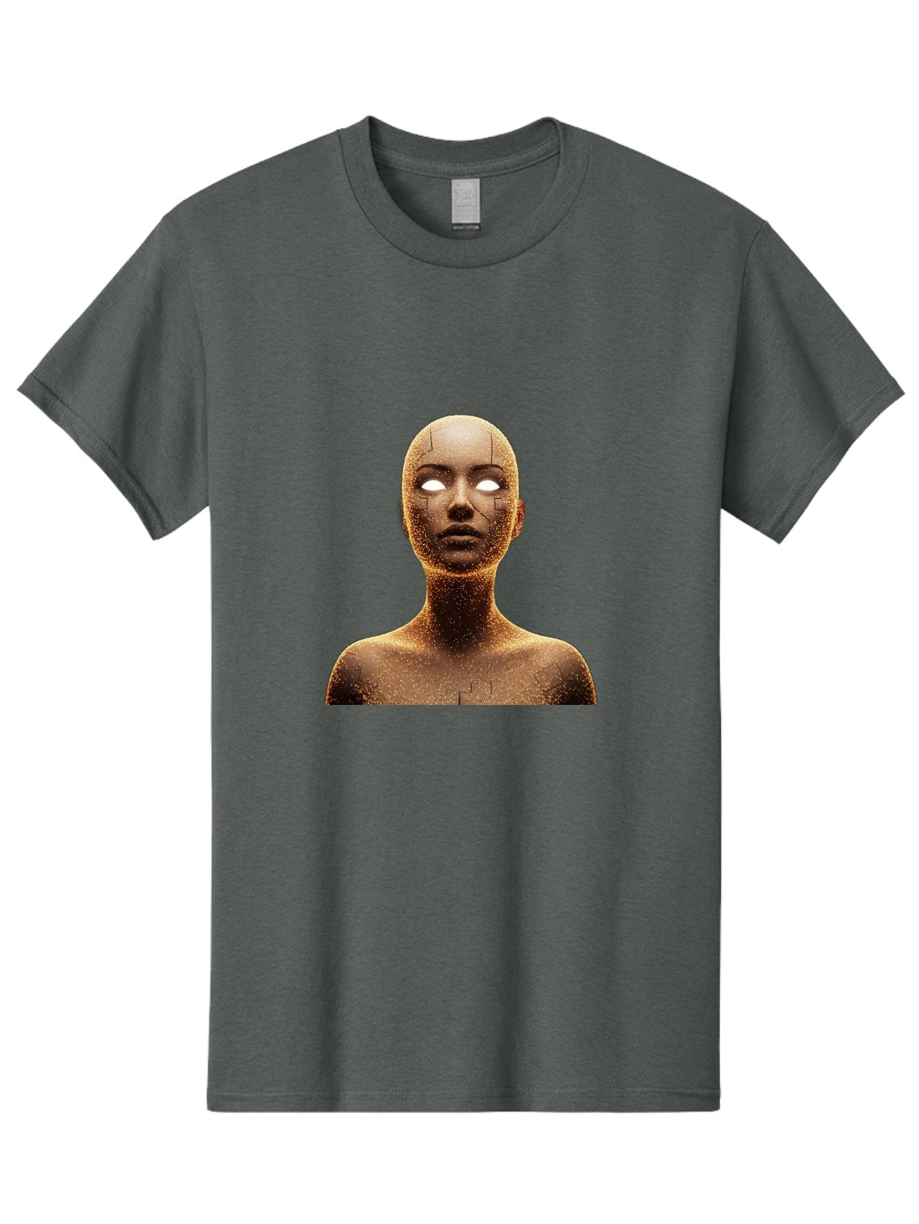 Golden-Mannequin Men'S Graphic Tee, 100% Cotton, Comfortable Casual Summer Wear, Machine Washable, Cracked Mannequin, Glowing Eyes, Brown Dusty Texture, Robotic Face, Futuristic Design, Modern Art, Surreal Atmosphere, Abstract Portrait Bad158 5
