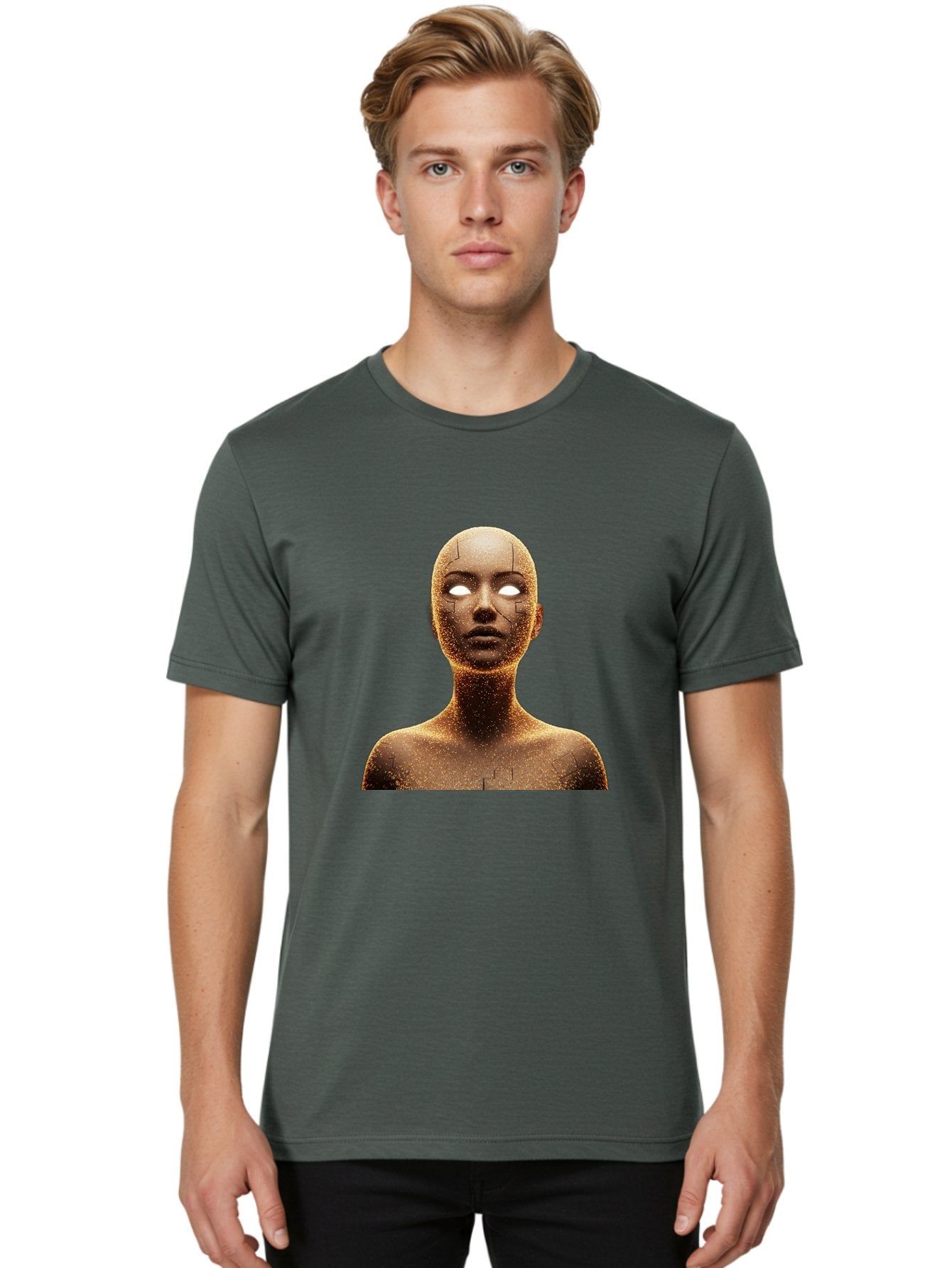 Golden-Mannequin Men'S Graphic Tee, 100% Cotton, Comfortable Casual Summer Wear, Machine Washable, Cracked Mannequin, Glowing Eyes, Brown Dusty Texture, Robotic Face, Futuristic Design, Modern Art, Surreal Atmosphere, Abstract Portrait Bad158 23