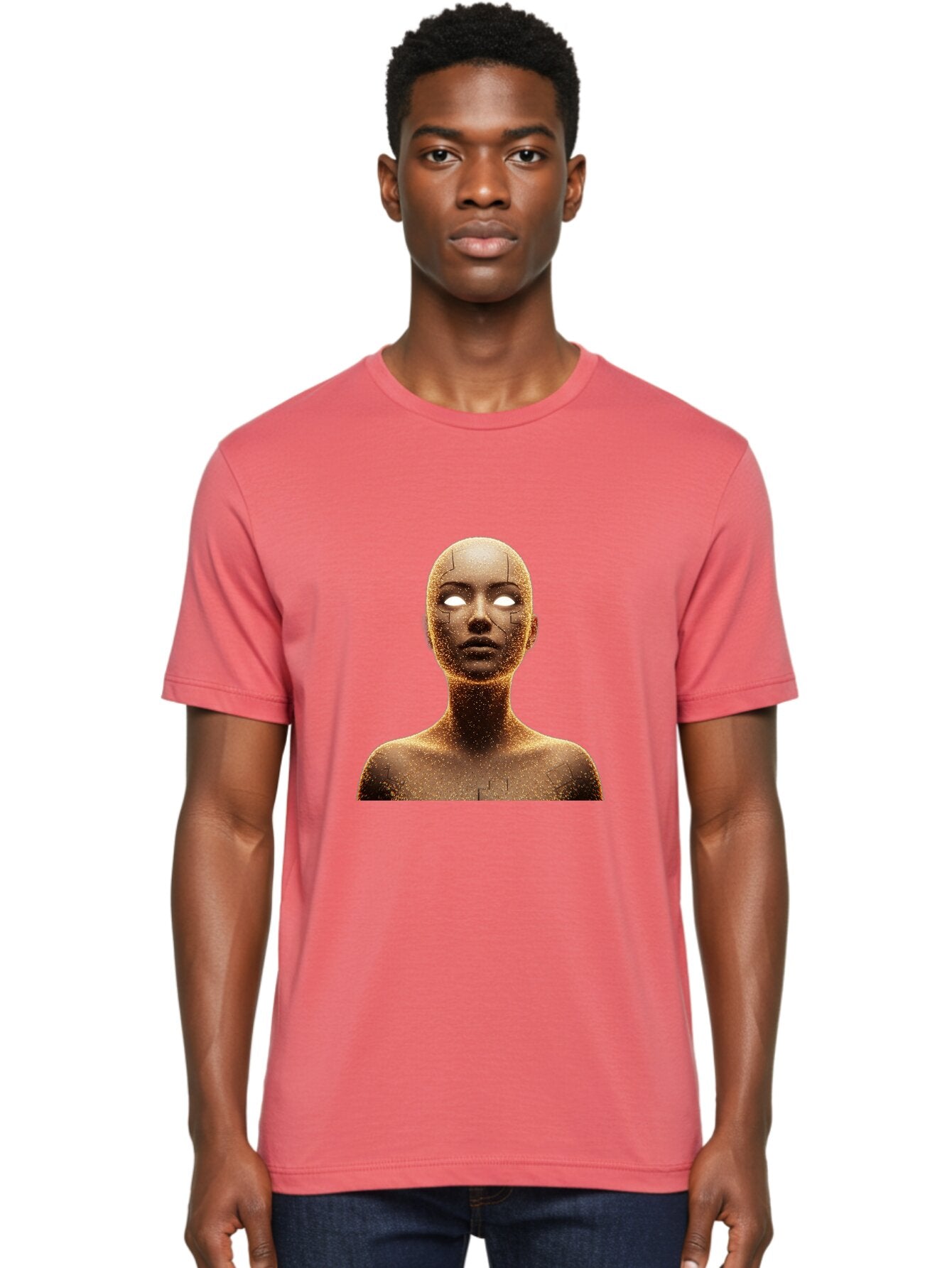 Golden-Mannequin Men'S Graphic Tee, 100% Cotton, Comfortable Casual Summer Wear, Machine Washable, Cracked Mannequin, Glowing Eyes, Brown Dusty Texture, Robotic Face, Futuristic Design, Modern Art, Surreal Atmosphere, Abstract Portrait Bad158 27