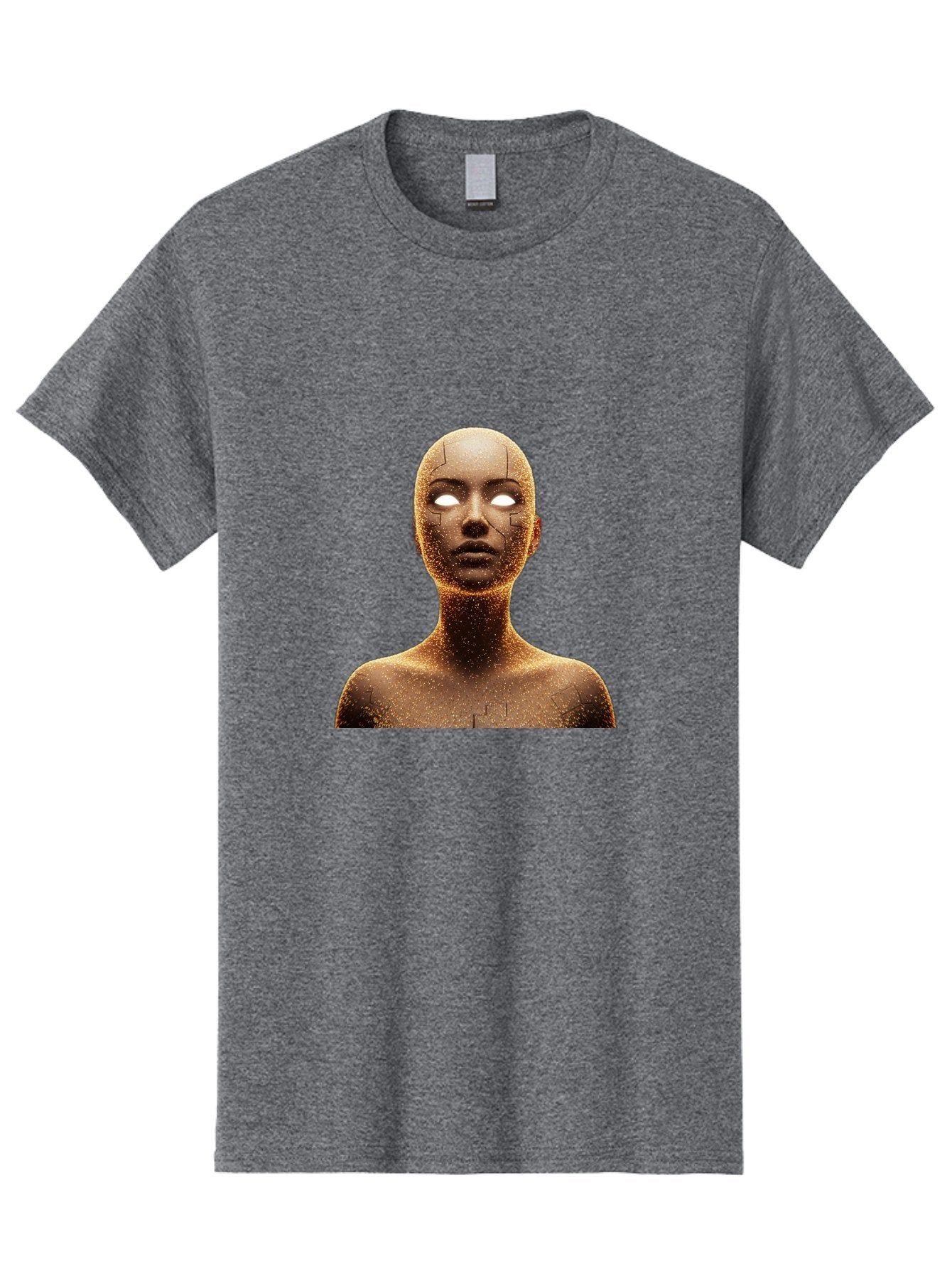 Golden-Mannequin Men'S Graphic Tee, 100% Cotton, Comfortable Casual Summer Wear, Machine Washable, Cracked Mannequin, Glowing Eyes, Brown Dusty Texture, Robotic Face, Futuristic Design, Modern Art, Surreal Atmosphere, Abstract Portrait Bad158 12