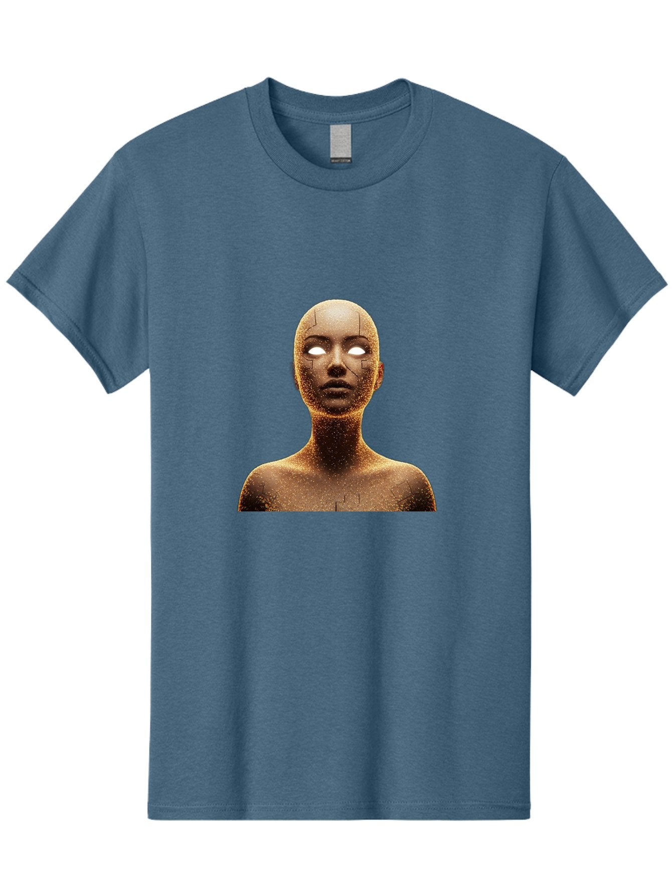 Golden-Mannequin Men'S Graphic Tee, 100% Cotton, Comfortable Casual Summer Wear, Machine Washable, Cracked Mannequin, Glowing Eyes, Brown Dusty Texture, Robotic Face, Futuristic Design, Modern Art, Surreal Atmosphere, Abstract Portrait Bad158 7