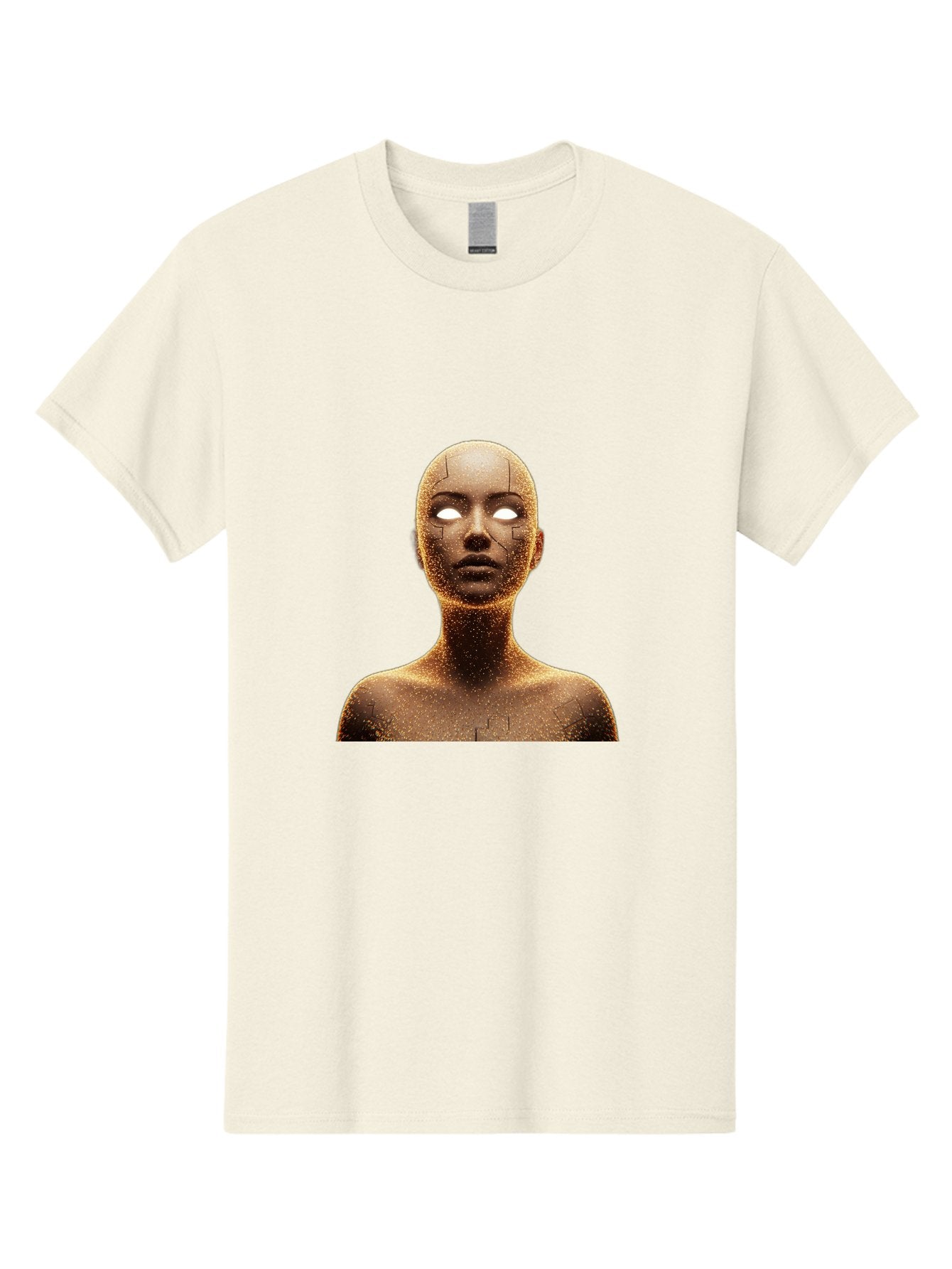 Golden-Mannequin Men'S Graphic Tee, 100% Cotton, Comfortable Casual Summer Wear, Machine Washable, Cracked Mannequin, Glowing Eyes, Brown Dusty Texture, Robotic Face, Futuristic Design, Modern Art, Surreal Atmosphere, Abstract Portrait Bad158 3