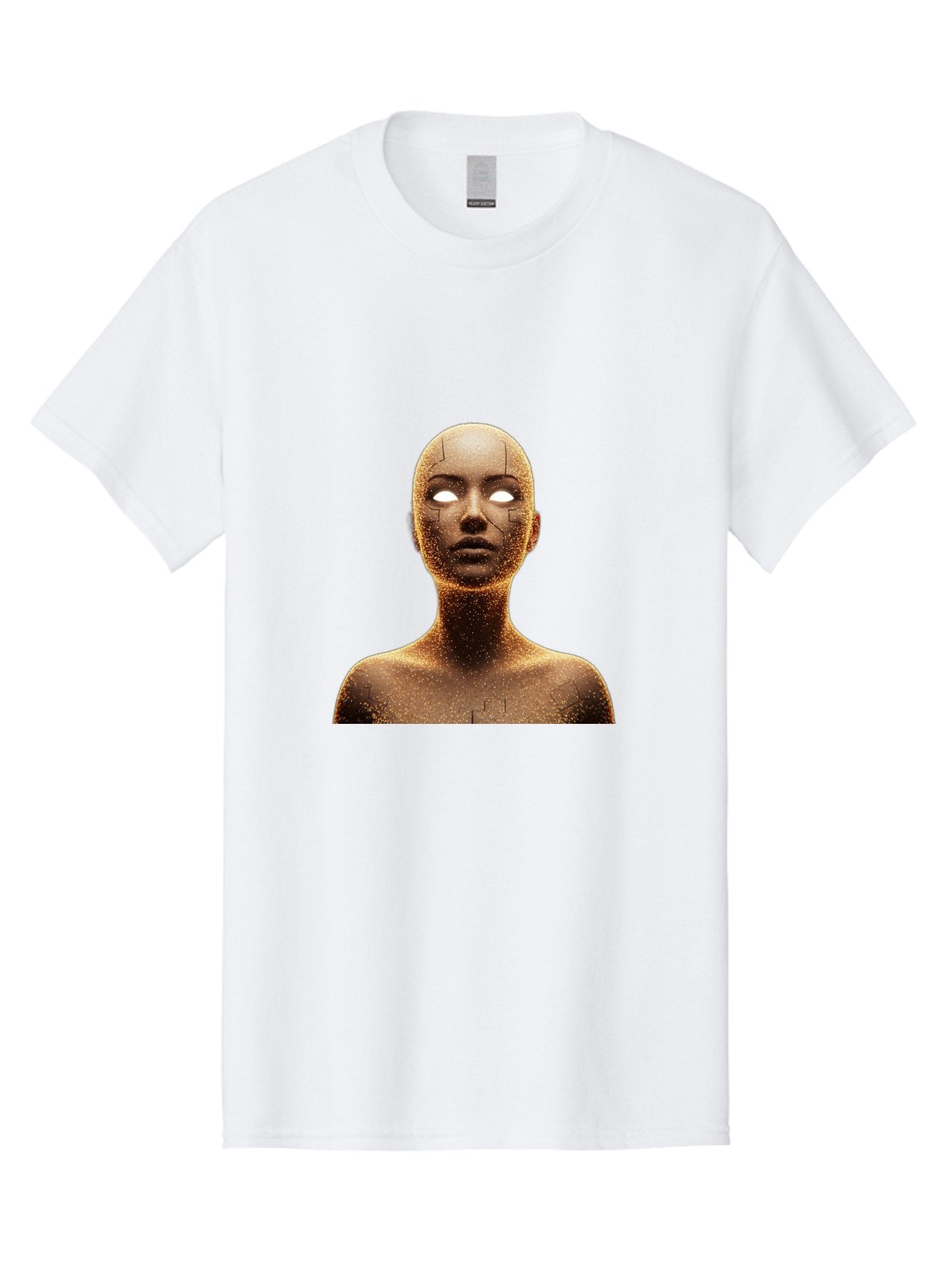 Golden-Mannequin Men'S Graphic Tee, 100% Cotton, Comfortable Casual Summer Wear, Machine Washable, Cracked Mannequin, Glowing Eyes, Brown Dusty Texture, Robotic Face, Futuristic Design, Modern Art, Surreal Atmosphere, Abstract Portrait Bad158