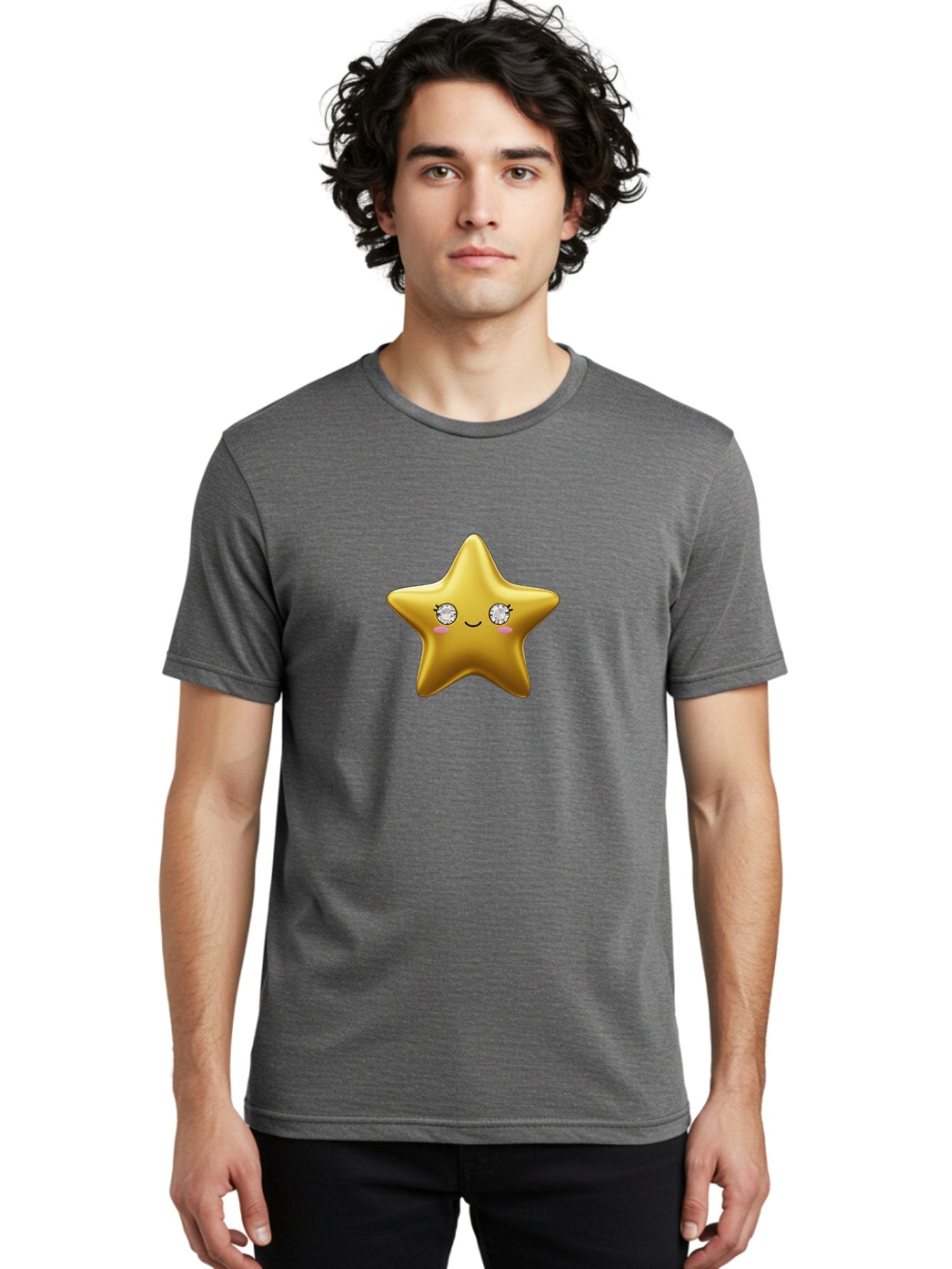 Golden-Star Men'S Graphic Tee, 100% Cotton, Comfortable Casual Summer Wear, Machine Washable, Shiny Golden Star, Cute Emoji, Diamond Eyes, Smiling Face, Pink Cheeks, Cartoon Character, Kawaii Design, Star Symbol, Shiny Texture, Bad159 18