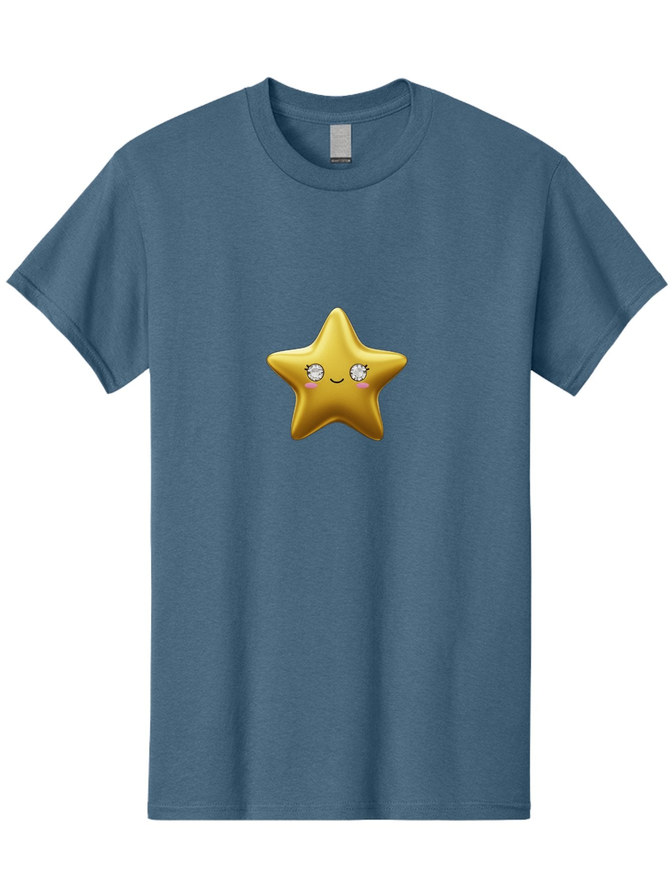 Golden-Star Men'S Graphic Tee, 100% Cotton, Comfortable Casual Summer Wear, Machine Washable, Shiny Golden Star, Cute Emoji, Diamond Eyes, Smiling Face, Pink Cheeks, Cartoon Character, Kawaii Design, Star Symbol, Shiny Texture, Bad159 12