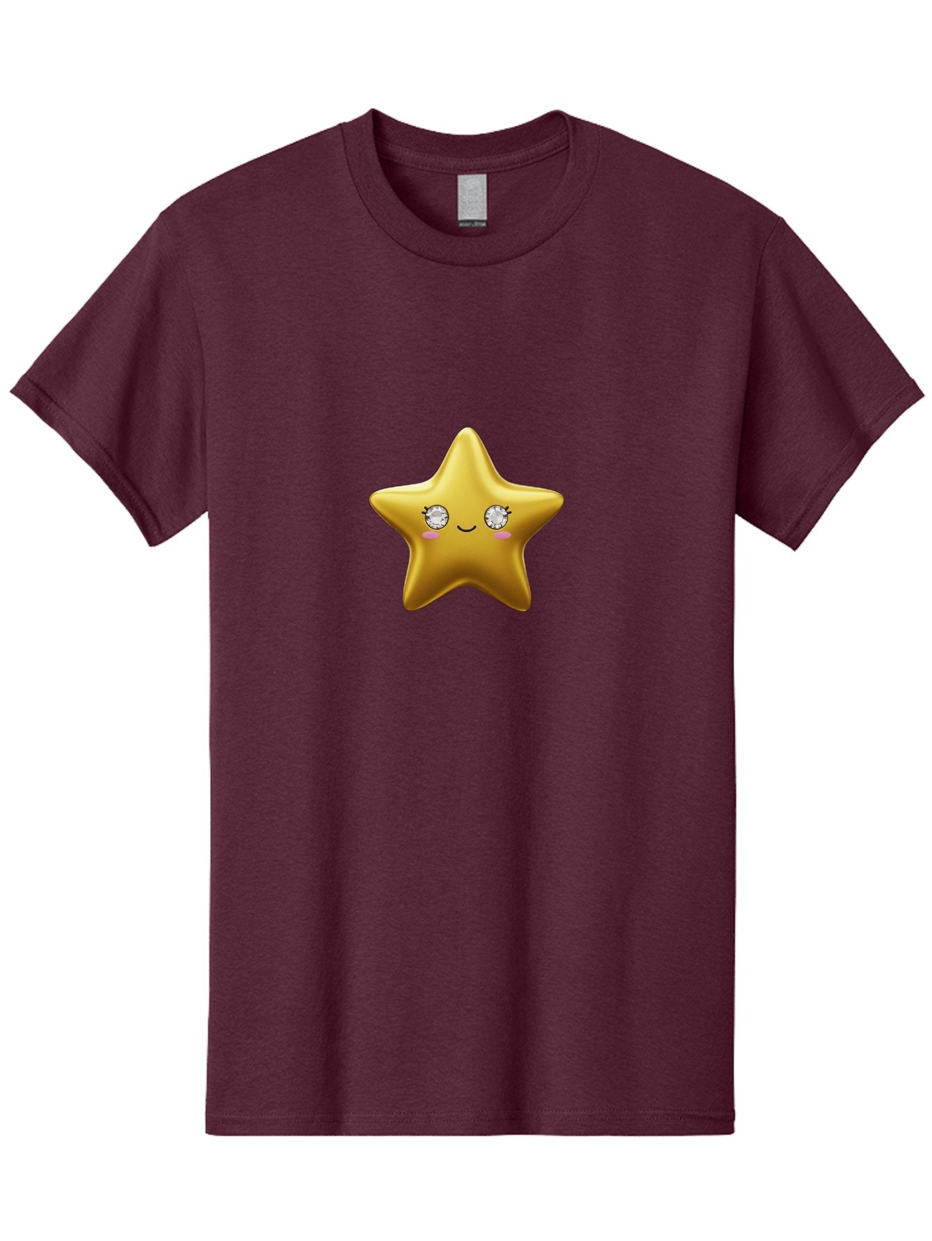 Golden-Star Men'S Graphic Tee, 100% Cotton, Comfortable Casual Summer Wear, Machine Washable, Shiny Golden Star, Cute Emoji, Diamond Eyes, Smiling Face, Pink Cheeks, Cartoon Character, Kawaii Design, Star Symbol, Shiny Texture, Bad159