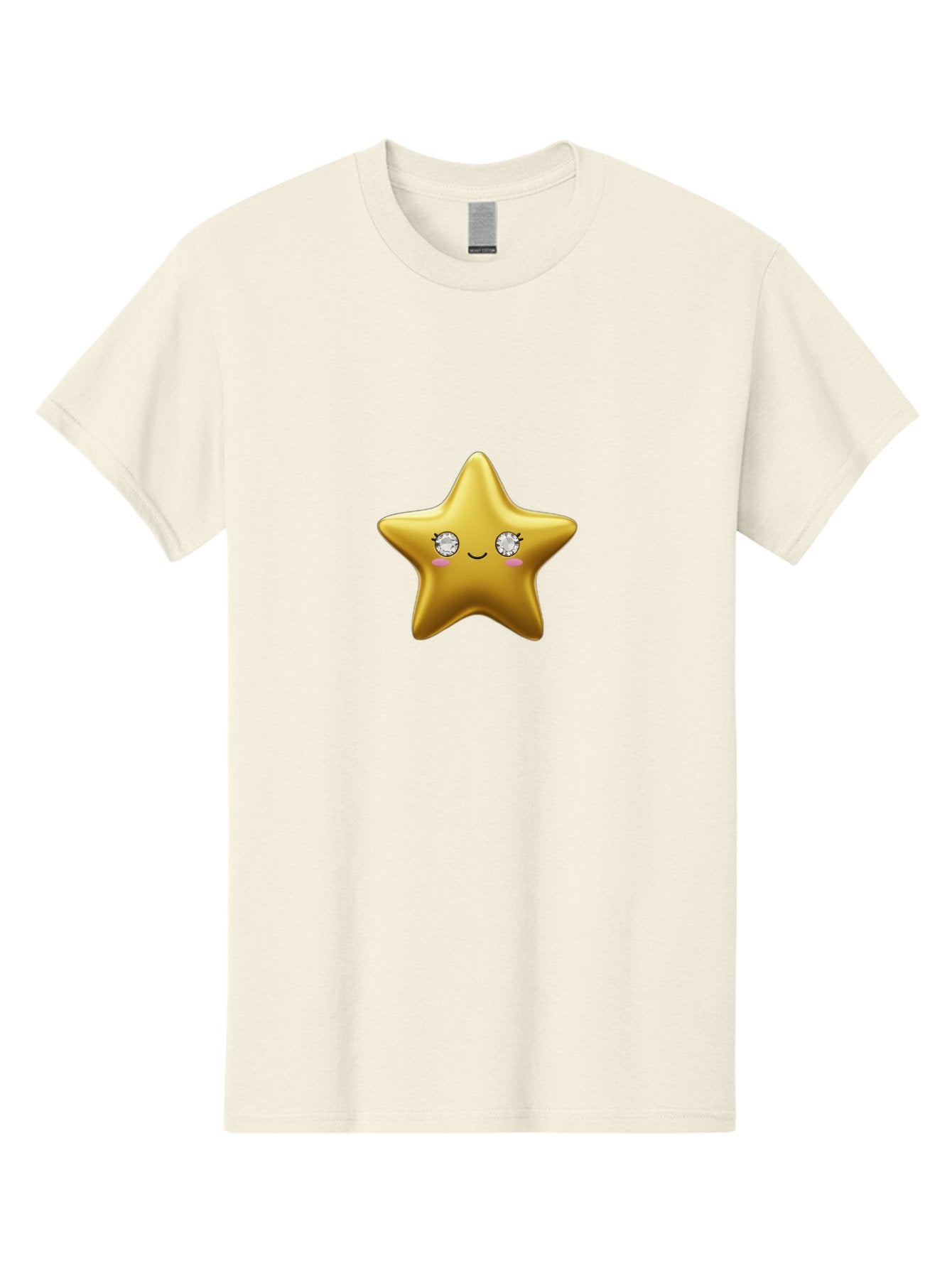Golden-Star Men'S Graphic Tee, 100% Cotton, Comfortable Casual Summer Wear, Machine Washable, Shiny Golden Star, Cute Emoji, Diamond Eyes, Smiling Face, Pink Cheeks, Cartoon Character, Kawaii Design, Star Symbol, Shiny Texture, Bad159 8