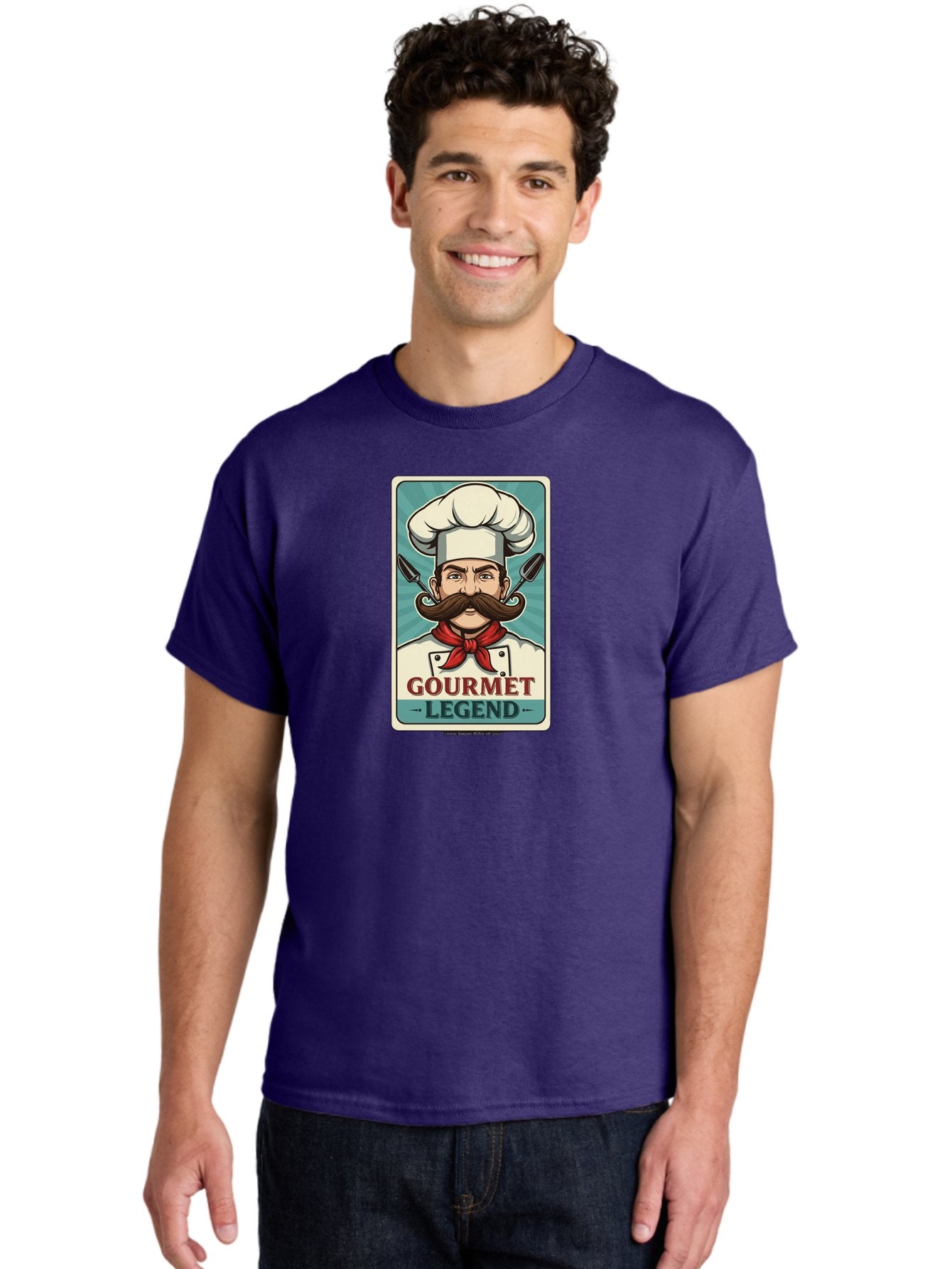 Gourmet-Legend Men'S Graphic Tee, 100% Cotton, Comfortable Casual Summer Wear, Machine Washable, Cartoon Chef, Luxury Cuisine, Fine Dining, Gourmet Food, Chef'S Hat, Red Bandana, Curved Mustache, Kitchen Knives, Gourmet Legend, Culinary Art Bad161 28