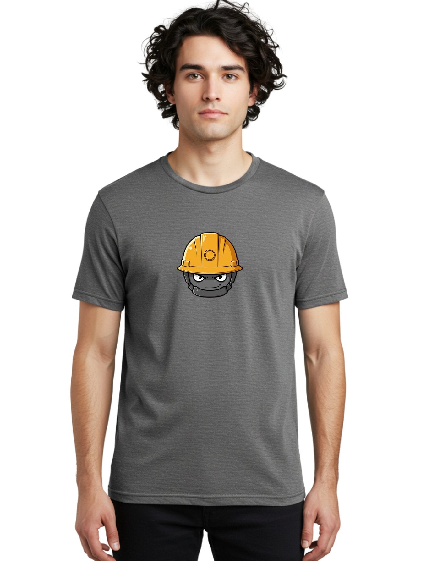 Gray-Character-In-Orange-Hard-Hat Men'S Graphic Tee, 100% Cotton, Comfortable Casual Summer Wear, Machine Washable, Construction Worker, Hard Hat, Yellow Helmet, Menacing Face, Construction Site, Laborer, Worker, Industry, Safety Gear, Bad168 16
