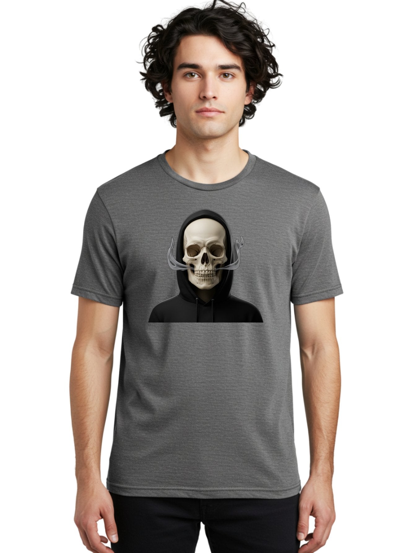 Grim-Reaper-Skull Men'S Graphic Tee, 100% Cotton, Comfortable Casual Summer Wear, Machine Washable, Skull Wearing Hoodie, Ghostly Figure, Surreal Art, Mystical Creature, Dark Fantasy, Eerie Atmosphere, Gothic Style, Mysterious Entity, Bad170 17