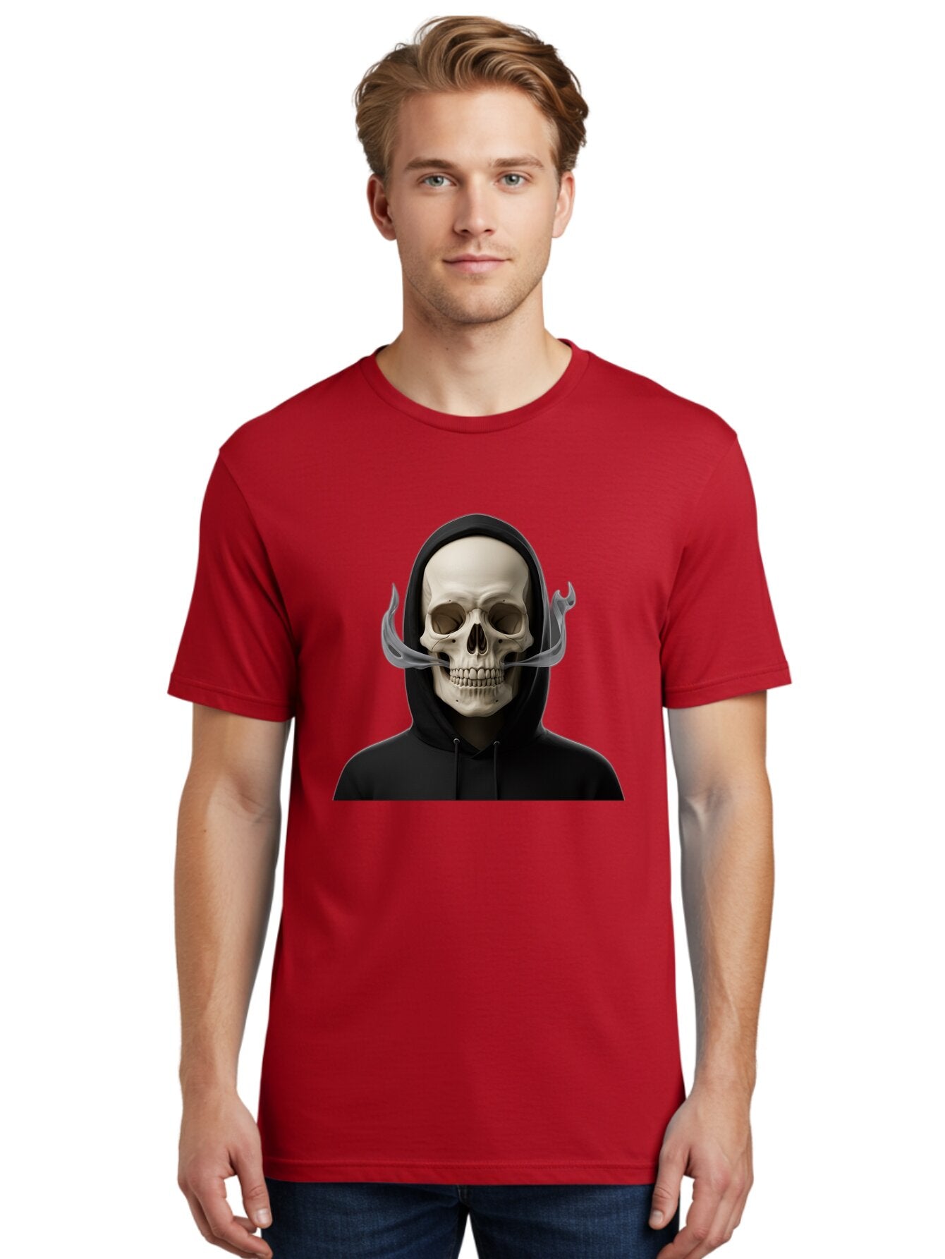 Grim-Reaper-Skull Men'S Graphic Tee, 100% Cotton, Comfortable Casual Summer Wear, Machine Washable, Skull Wearing Hoodie, Ghostly Figure, Surreal Art, Mystical Creature, Dark Fantasy, Eerie Atmosphere, Gothic Style, Mysterious Entity, Bad170 28
