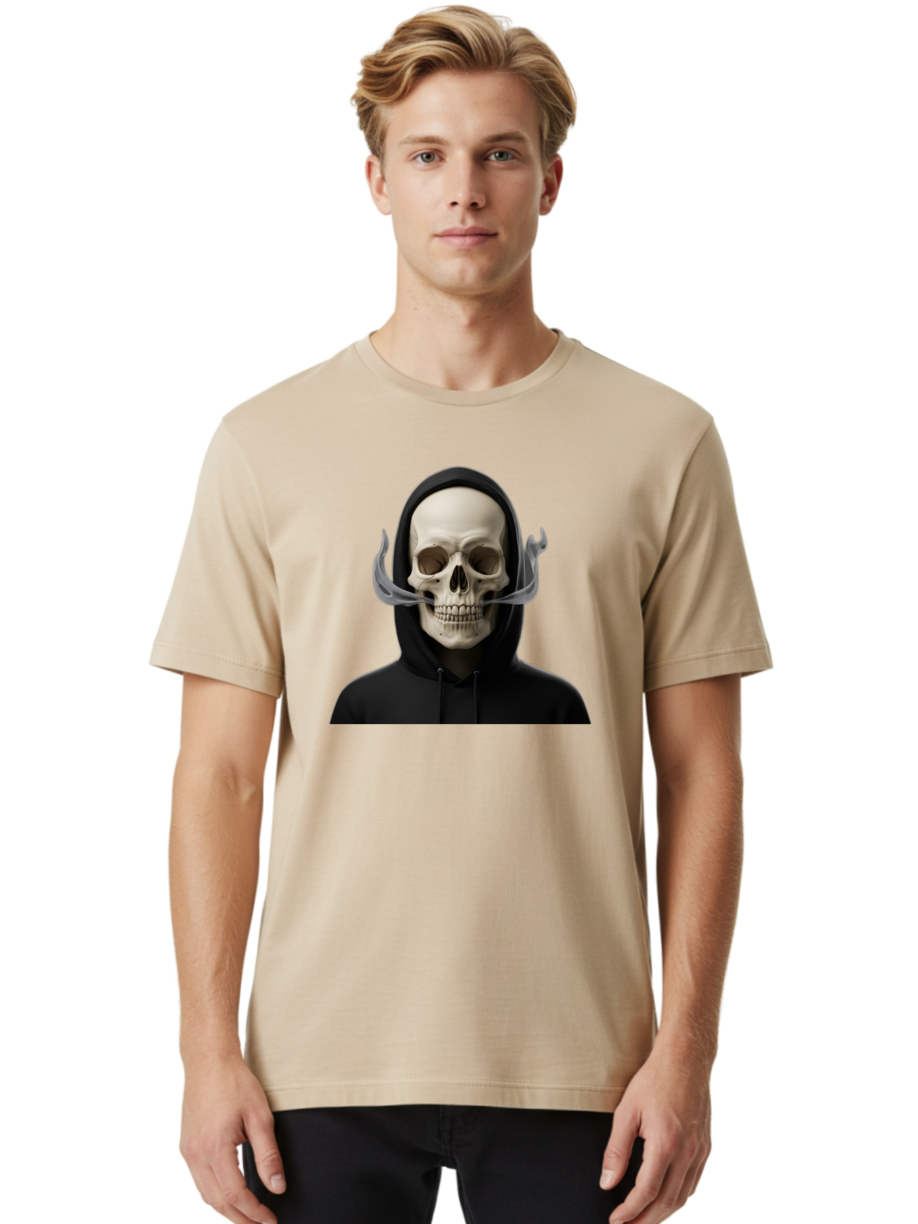 Grim-Reaper-Skull Men'S Graphic Tee, 100% Cotton, Comfortable Casual Summer Wear, Machine Washable, Skull Wearing Hoodie, Ghostly Figure, Surreal Art, Mystical Creature, Dark Fantasy, Eerie Atmosphere, Gothic Style, Mysterious Entity, Bad170 27