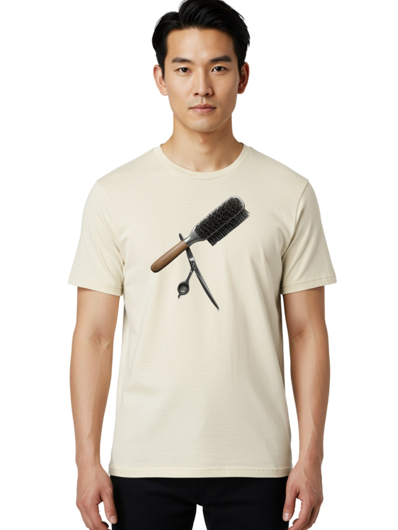 Hairbrush-And-Scissors Men'S Graphic Tee, 100% Cotton, Comfortable Casual Summer Wear, Machine Washable, Hair Cutting Tools, Hair Care, Styling Equipment, Salon Essentials, Grooming Accessories, Round Brush, Scissors Bad175 21