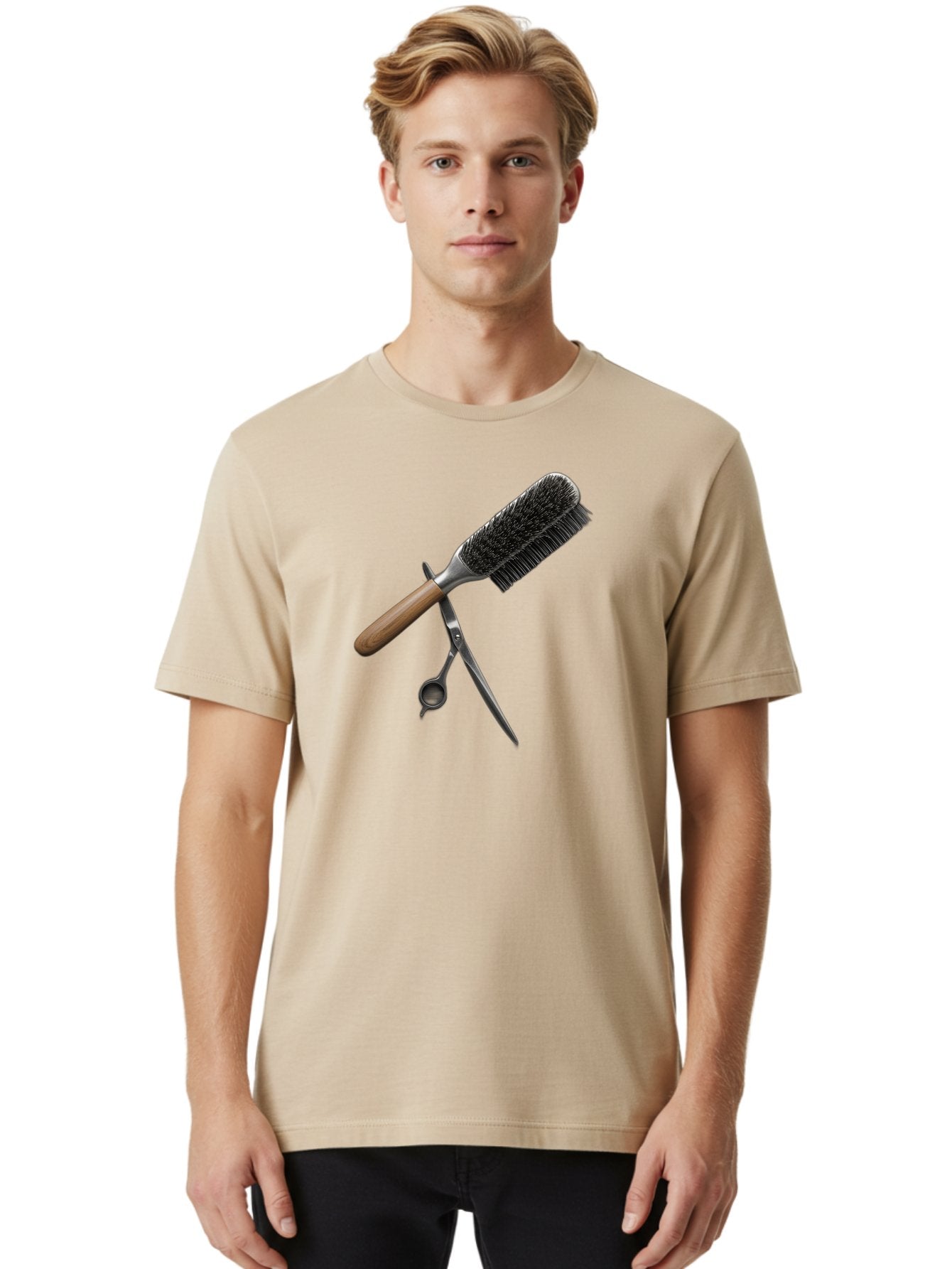 Hairbrush-And-Scissors Men'S Graphic Tee, 100% Cotton, Comfortable Casual Summer Wear, Machine Washable, Hair Cutting Tools, Hair Care, Styling Equipment, Salon Essentials, Grooming Accessories, Round Brush, Scissors Bad175 19