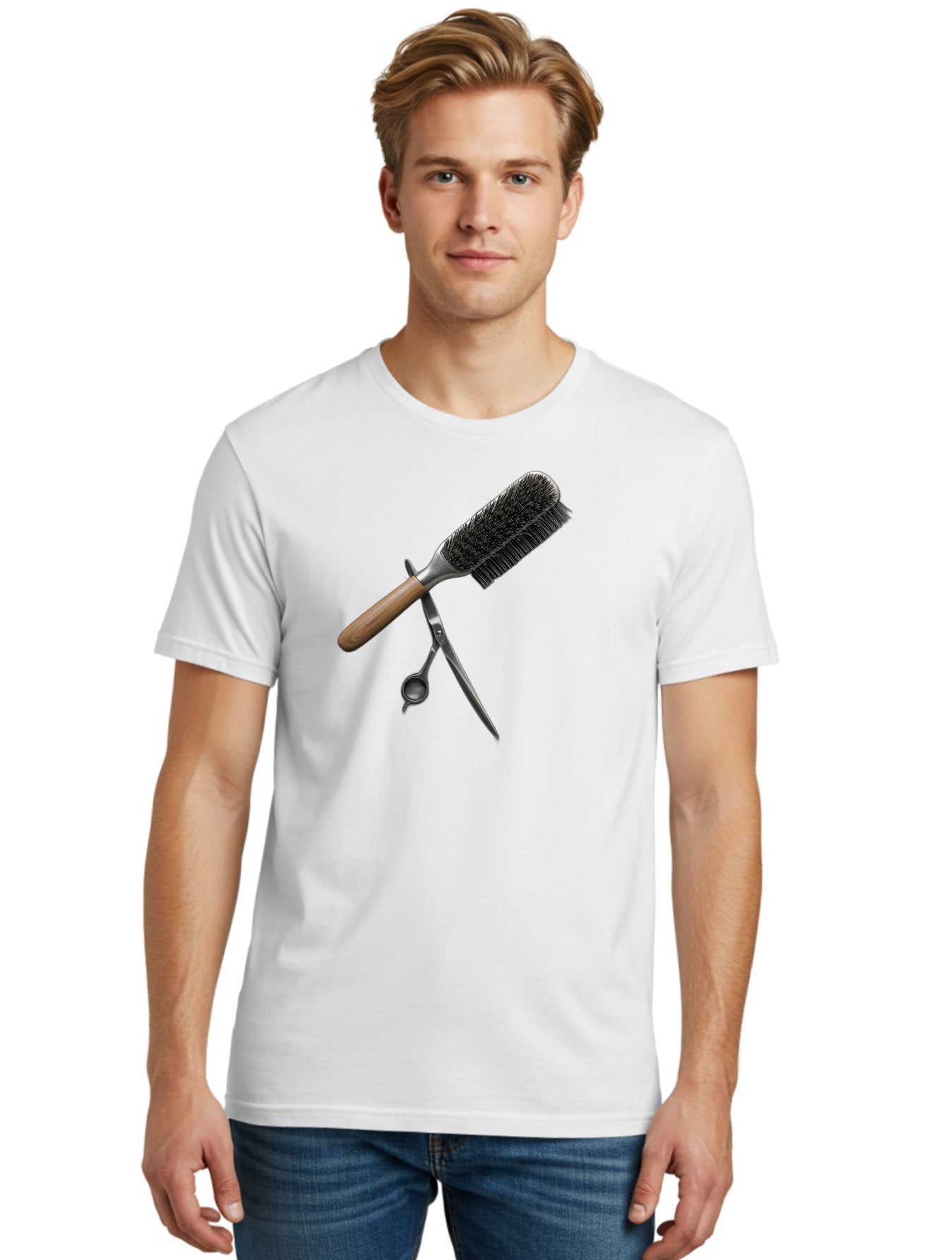 Hairbrush-And-Scissors Men'S Graphic Tee, 100% Cotton, Comfortable Casual Summer Wear, Machine Washable, Hair Cutting Tools, Hair Care, Styling Equipment, Salon Essentials, Grooming Accessories, Round Brush, Scissors Bad175 28