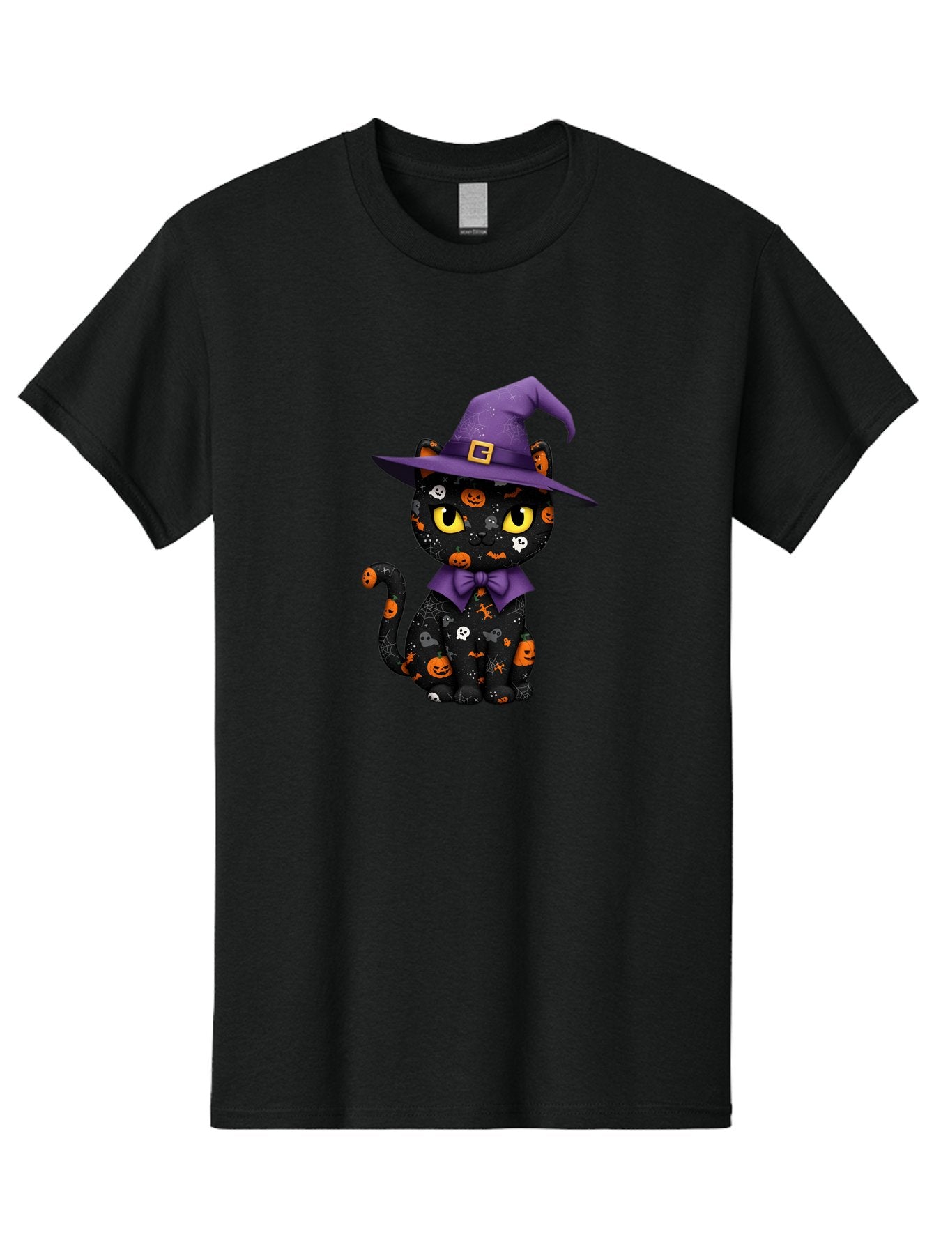 Halloween-Cat Men'S Graphic Tee, 100% Cotton, Comfortable Casual Summer Wear, Machine Washable, Black Cat With Halloween Design, Witch Hat, Purple Bow Tie, Halloween Decorations, Jack-O-Lanterns, Spooky Atmosphere, Halloween Theme, Bad176 12