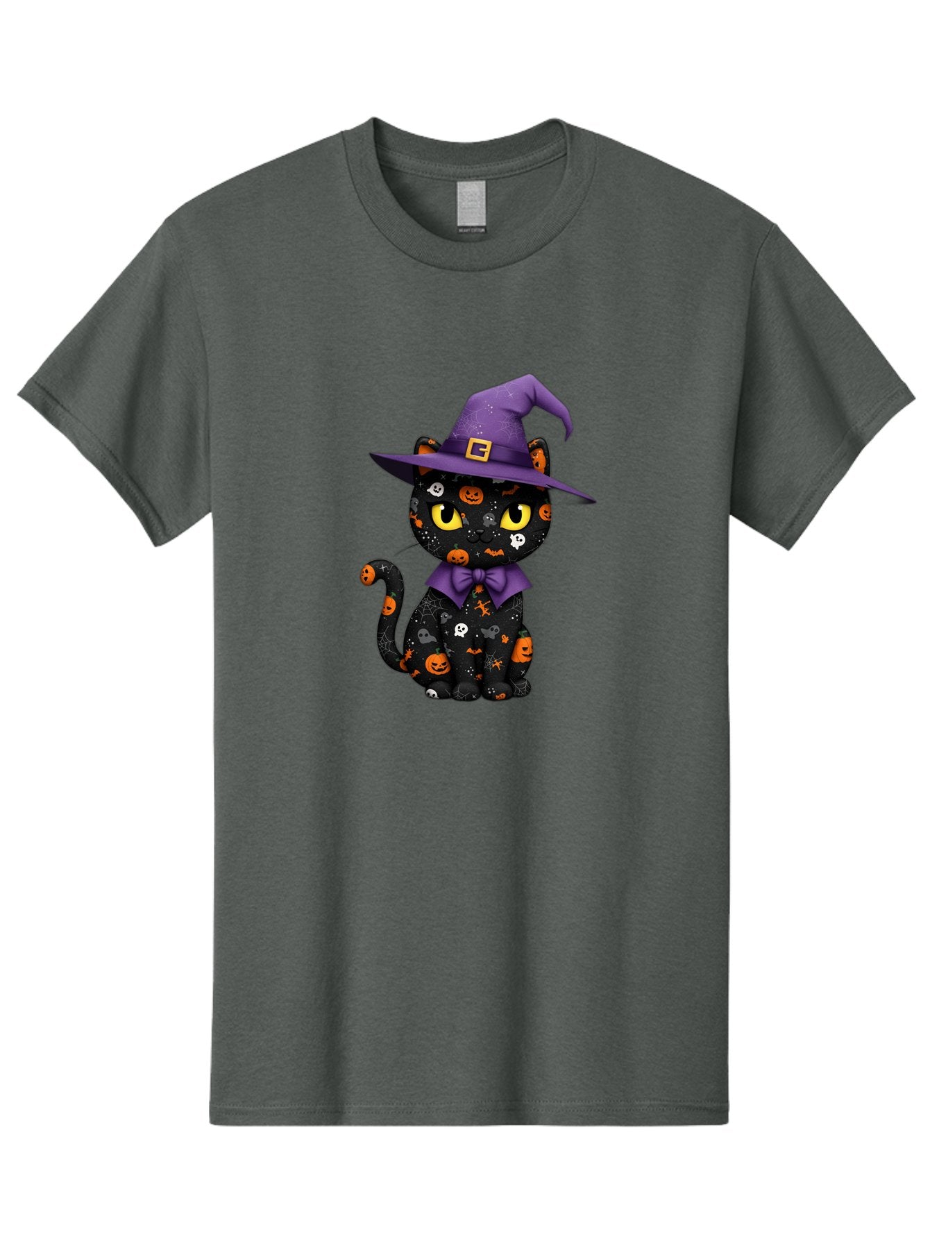 Halloween-Cat Men'S Graphic Tee, 100% Cotton, Comfortable Casual Summer Wear, Machine Washable, Black Cat With Halloween Design, Witch Hat, Purple Bow Tie, Halloween Decorations, Jack-O-Lanterns, Spooky Atmosphere, Halloween Theme, Bad176 7