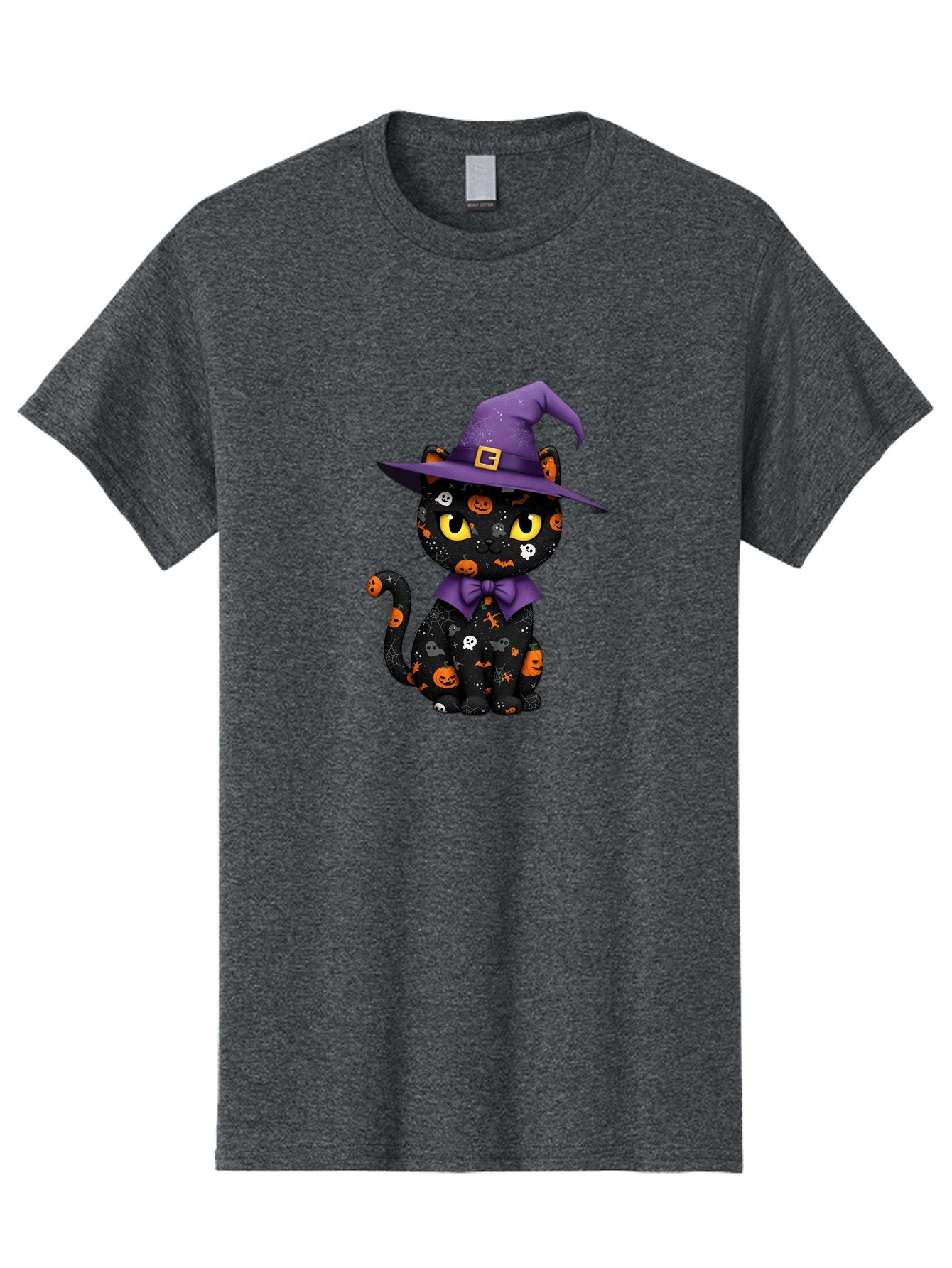 Halloween-Cat Men'S Graphic Tee, 100% Cotton, Comfortable Casual Summer Wear, Machine Washable, Black Cat With Halloween Design, Witch Hat, Purple Bow Tie, Halloween Decorations, Jack-O-Lanterns, Spooky Atmosphere, Halloween Theme, Bad176