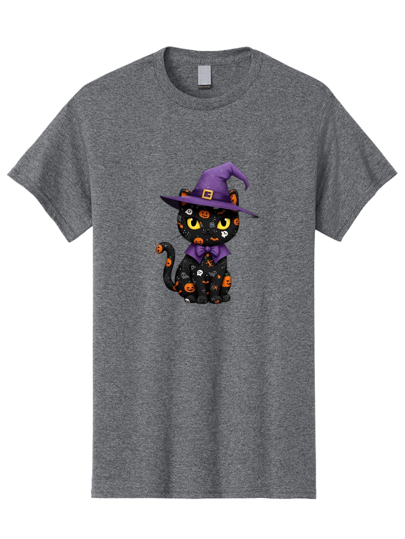 Halloween-Cat Men'S Graphic Tee, 100% Cotton, Comfortable Casual Summer Wear, Machine Washable, Black Cat With Halloween Design, Witch Hat, Purple Bow Tie, Halloween Decorations, Jack-O-Lanterns, Spooky Atmosphere, Halloween Theme, Bad176