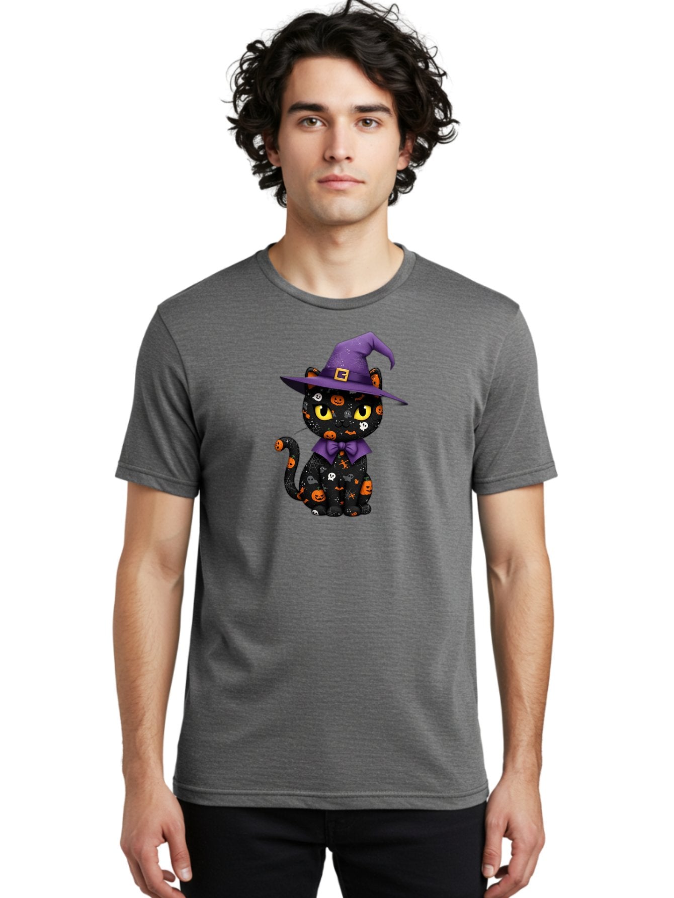 Halloween-Cat Men'S Graphic Tee, 100% Cotton, Comfortable Casual Summer Wear, Machine Washable, Black Cat With Halloween Design, Witch Hat, Purple Bow Tie, Halloween Decorations, Jack-O-Lanterns, Spooky Atmosphere, Halloween Theme, Bad176 21