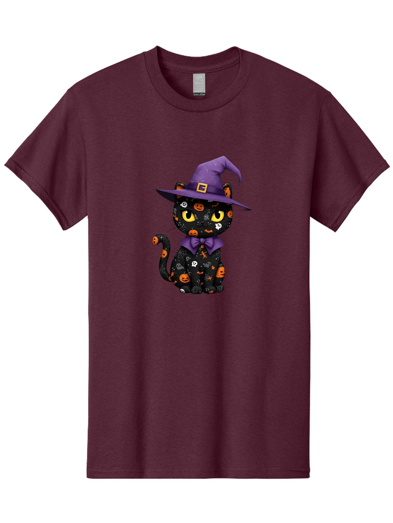Halloween-Cat Men'S Graphic Tee, 100% Cotton, Comfortable Casual Summer Wear, Machine Washable, Black Cat With Halloween Design, Witch Hat, Purple Bow Tie, Halloween Decorations, Jack-O-Lanterns, Spooky Atmosphere, Halloween Theme, Bad176 9
