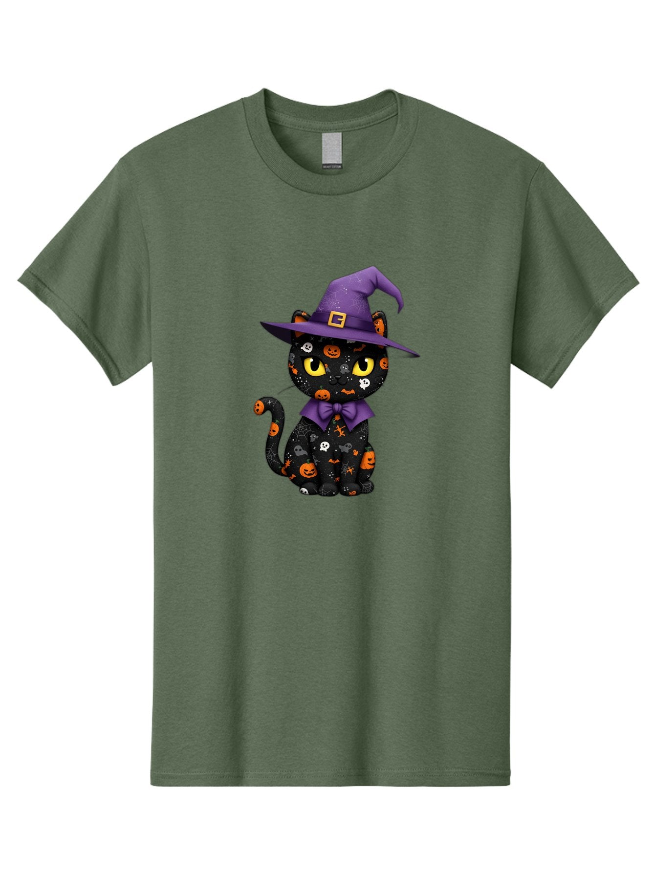 Halloween-Cat Men'S Graphic Tee, 100% Cotton, Comfortable Casual Summer Wear, Machine Washable, Black Cat With Halloween Design, Witch Hat, Purple Bow Tie, Halloween Decorations, Jack-O-Lanterns, Spooky Atmosphere, Halloween Theme, Bad176 14