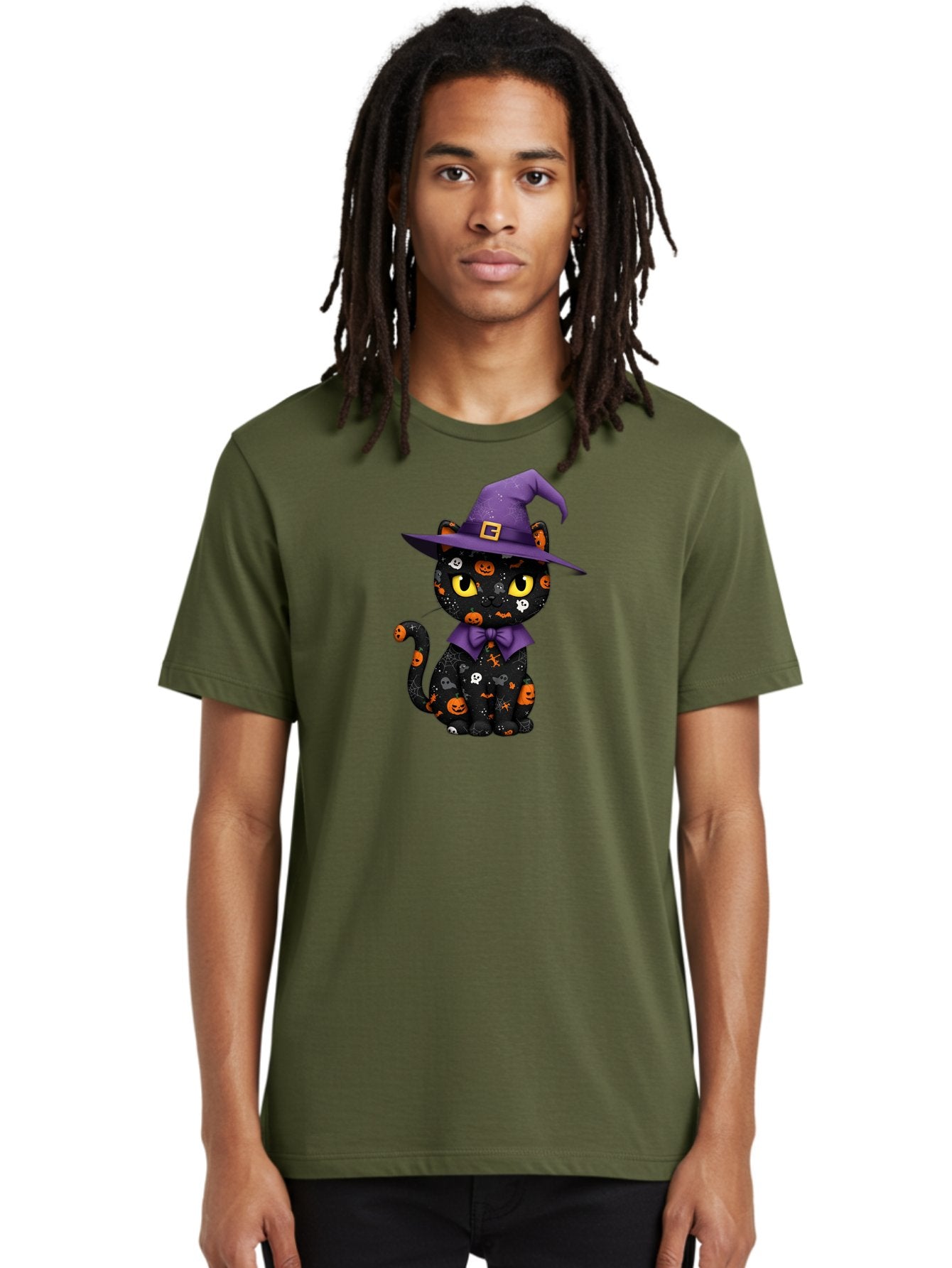 Halloween-Cat Men'S Graphic Tee, 100% Cotton, Comfortable Casual Summer Wear, Machine Washable, Black Cat With Halloween Design, Witch Hat, Purple Bow Tie, Halloween Decorations, Jack-O-Lanterns, Spooky Atmosphere, Halloween Theme, Bad176 29