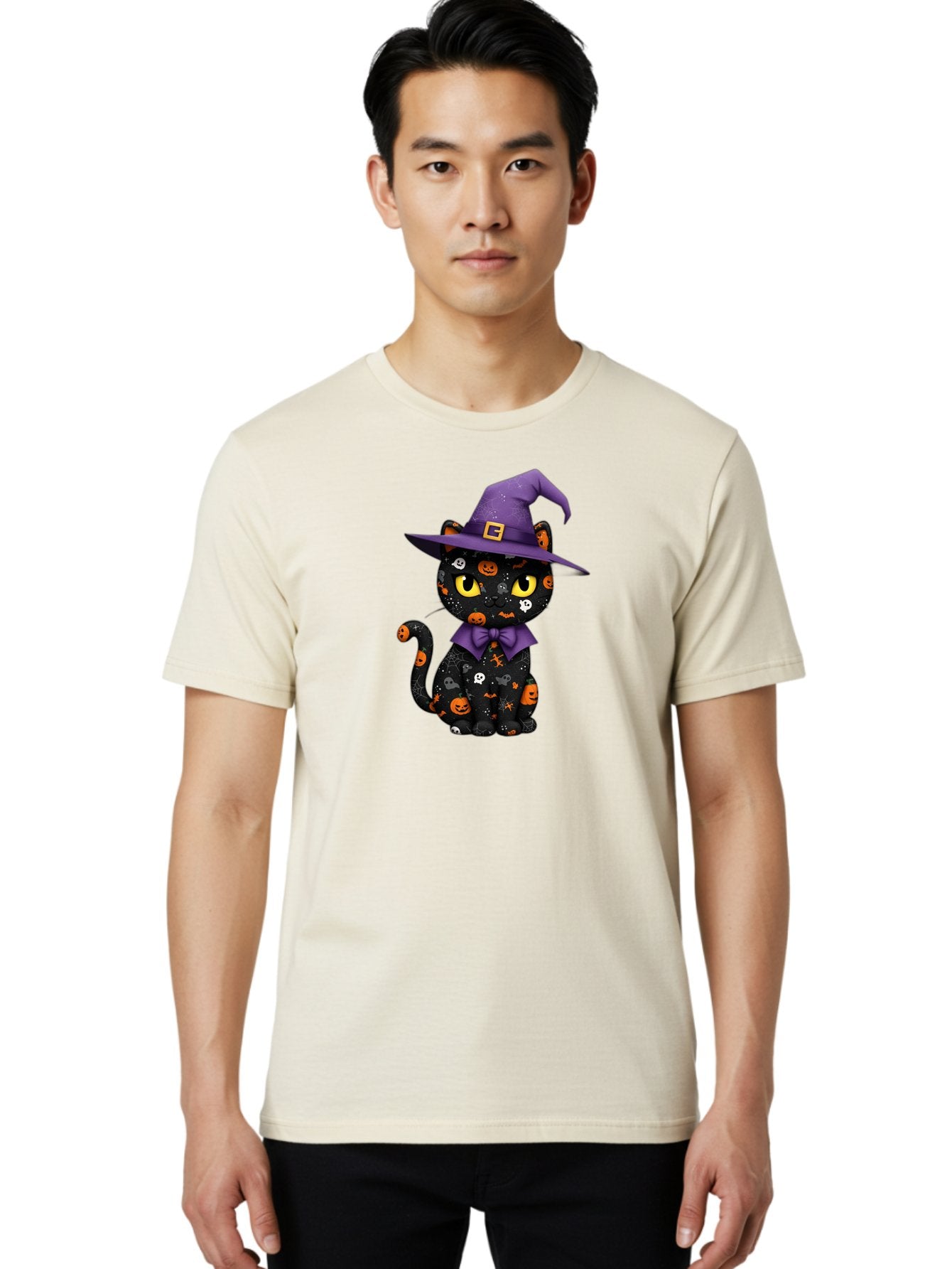 Halloween-Cat Men'S Graphic Tee, 100% Cotton, Comfortable Casual Summer Wear, Machine Washable, Black Cat With Halloween Design, Witch Hat, Purple Bow Tie, Halloween Decorations, Jack-O-Lanterns, Spooky Atmosphere, Halloween Theme, Bad176 20