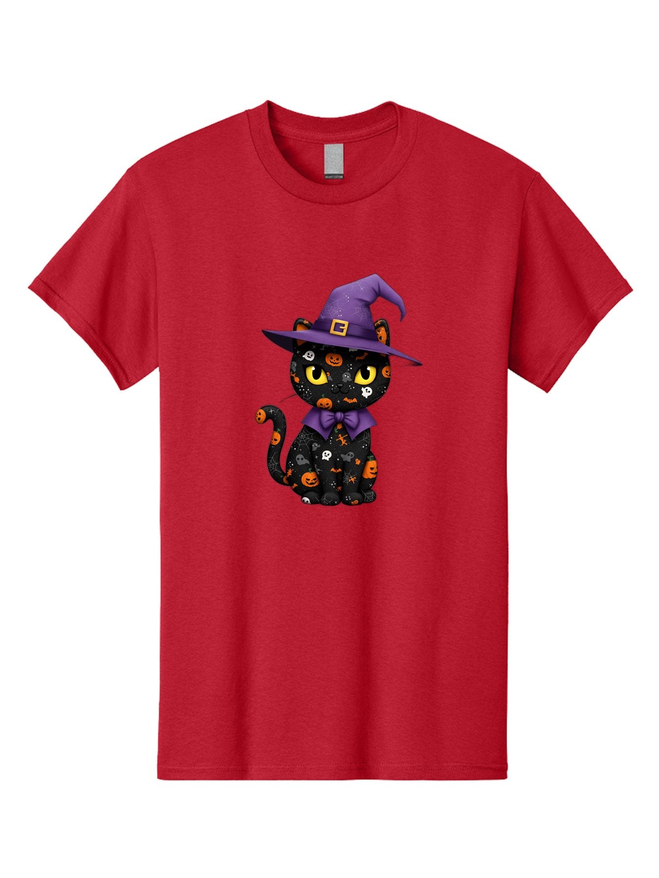 Halloween-Cat Men'S Graphic Tee, 100% Cotton, Comfortable Casual Summer Wear, Machine Washable, Black Cat With Halloween Design, Witch Hat, Purple Bow Tie, Halloween Decorations, Jack-O-Lanterns, Spooky Atmosphere, Halloween Theme, Bad176 3